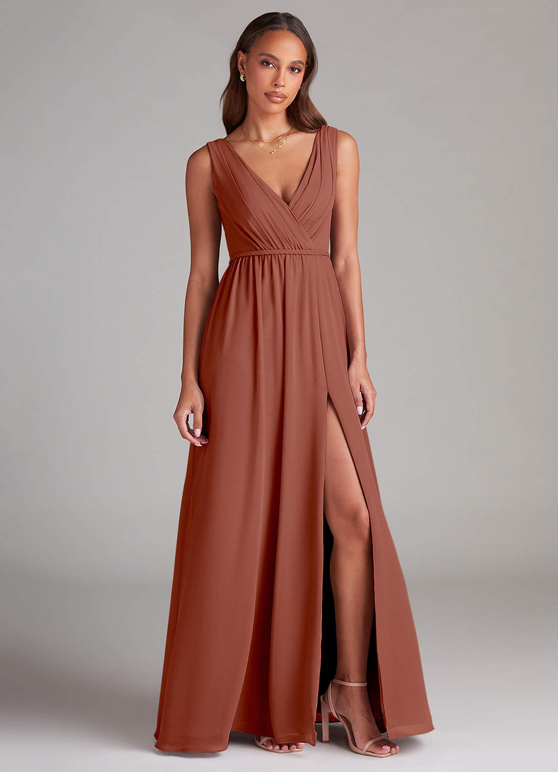 Azazie Tanicia Bridesmaid Dresses Auburn A-Line Pleated Chiffon Dress image3