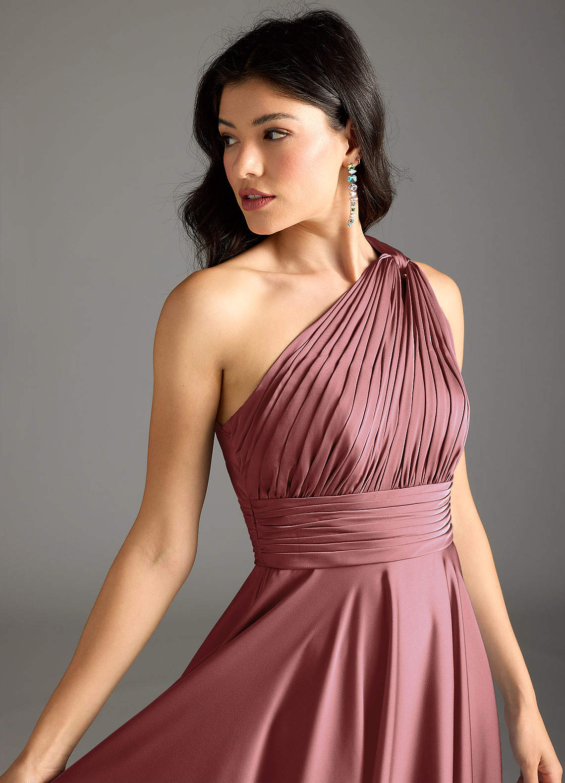 Azazie Charlize Bridesmaid Dresses Amethyst A-Line One Shoulder Stretch Satin Dress image6