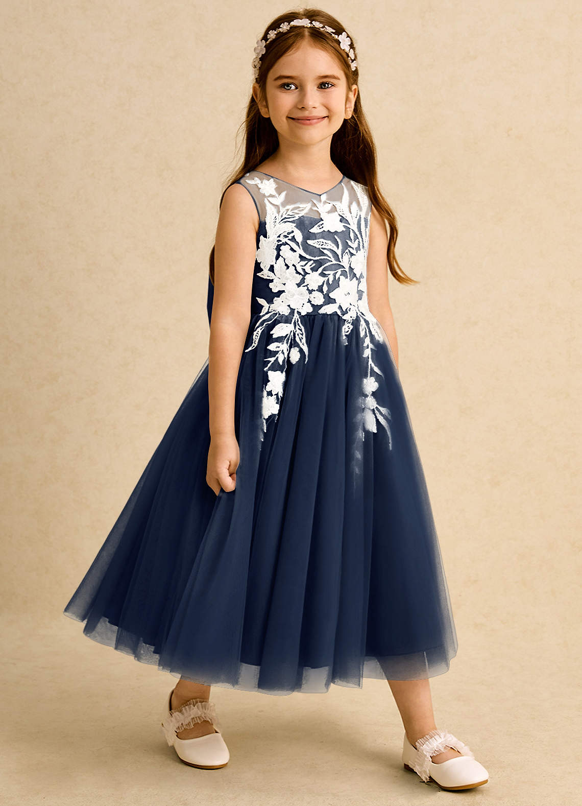 Azazie Sundae Flower Girl Dresses Dark Navy Ball-Gown Lace Dress image3