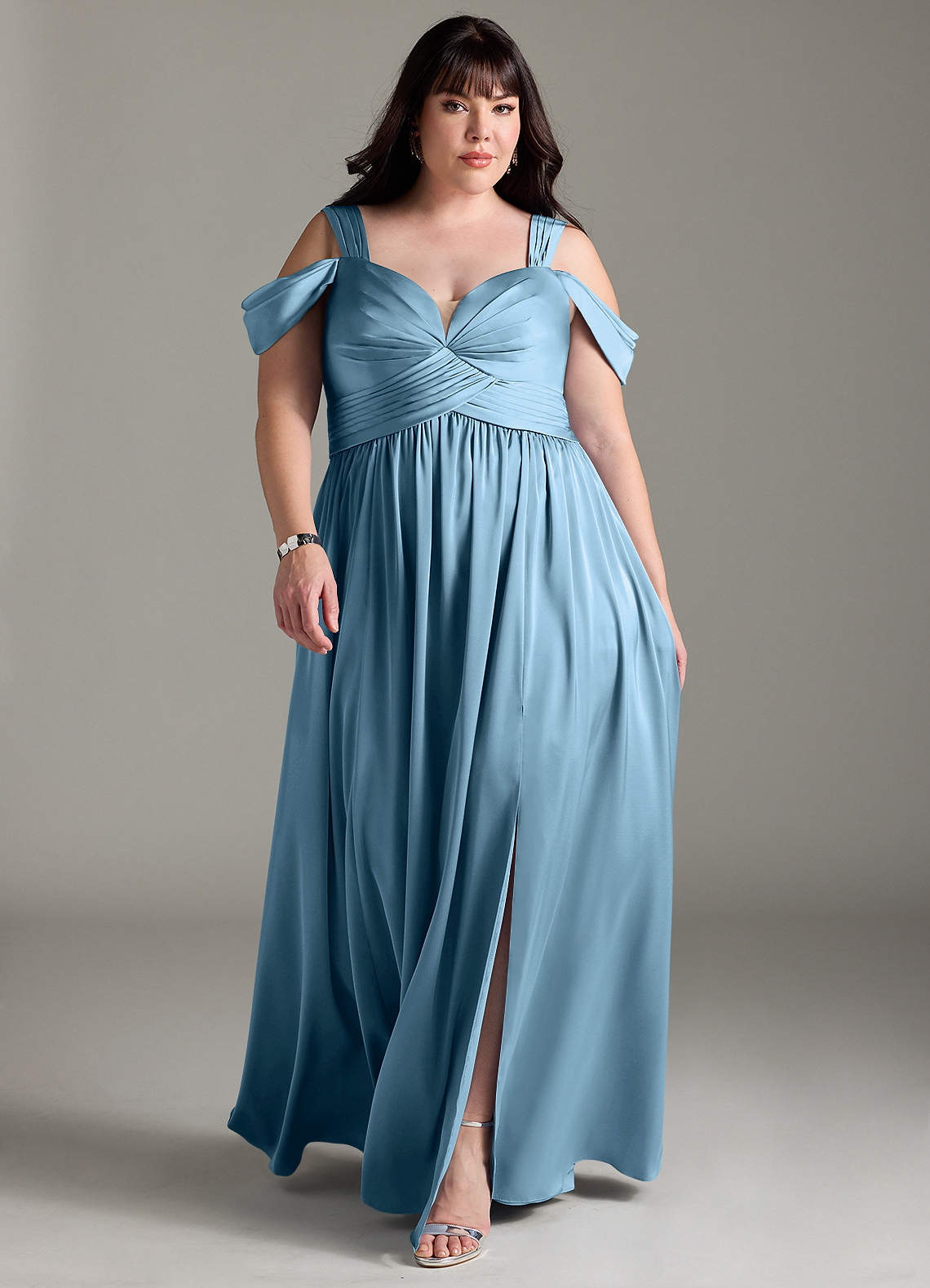 Azazie Lianne Bridesmaid Dresses Steel Blue A-Line Off the Shoulder Stretch Satin Dress image1