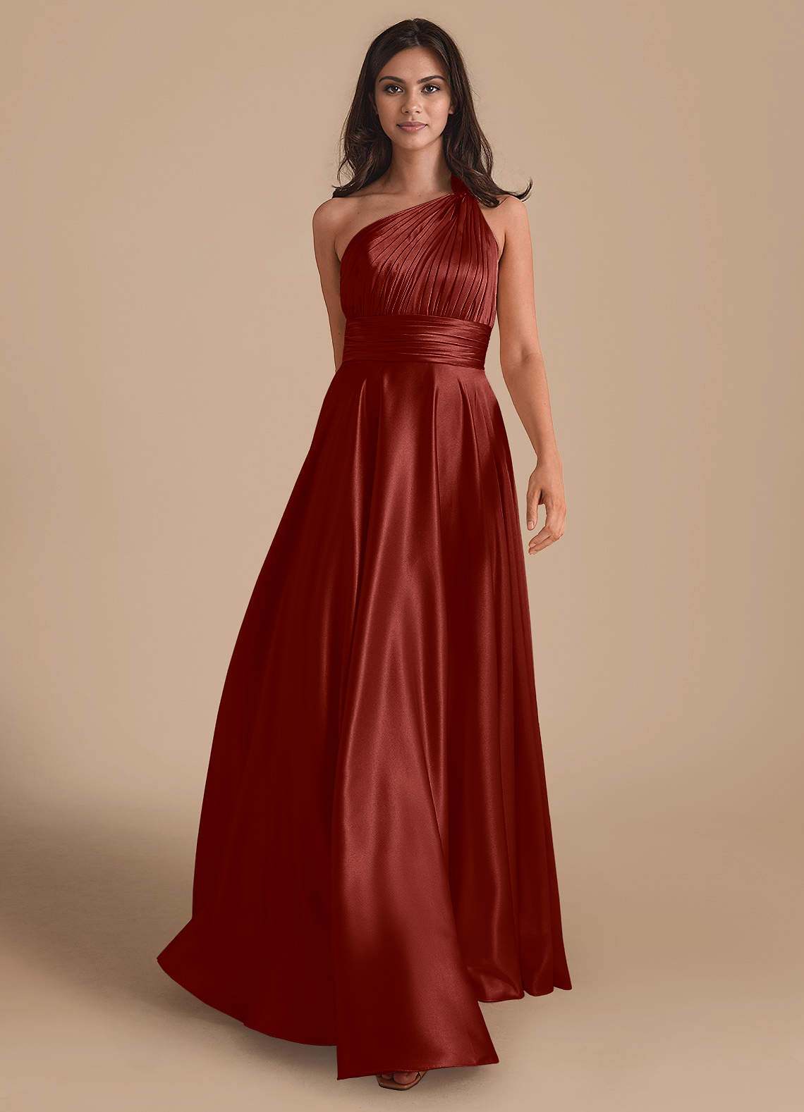Azazie Charlize Bridesmaid Dresses Terracotta A-Line One Shoulder Metallic Satin Dress image1