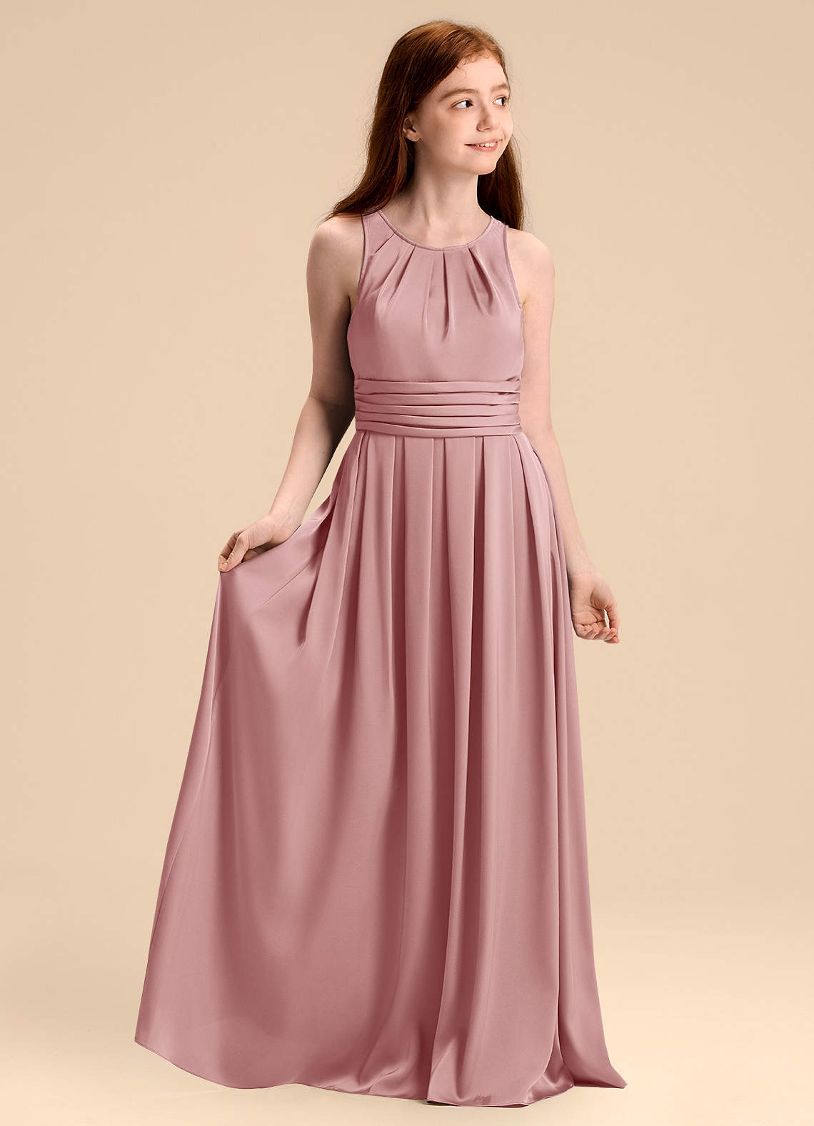 Azazie Bibiane Junior Jurk van Stretch Satijn met A-Lijn Geplooid Stoffige Roos image1