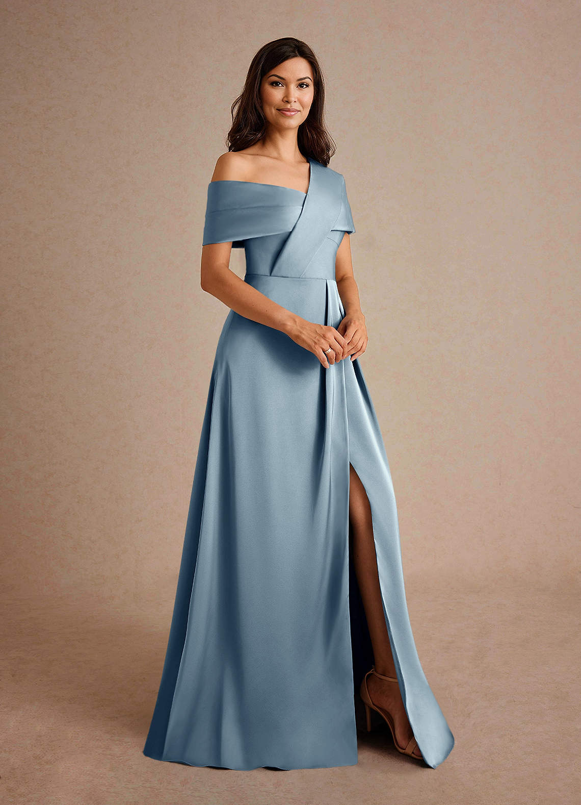 Azazie Milton Mother of the Bride Dresses Dusty Blue A-Line Pleated Stretch Satin Dress image5