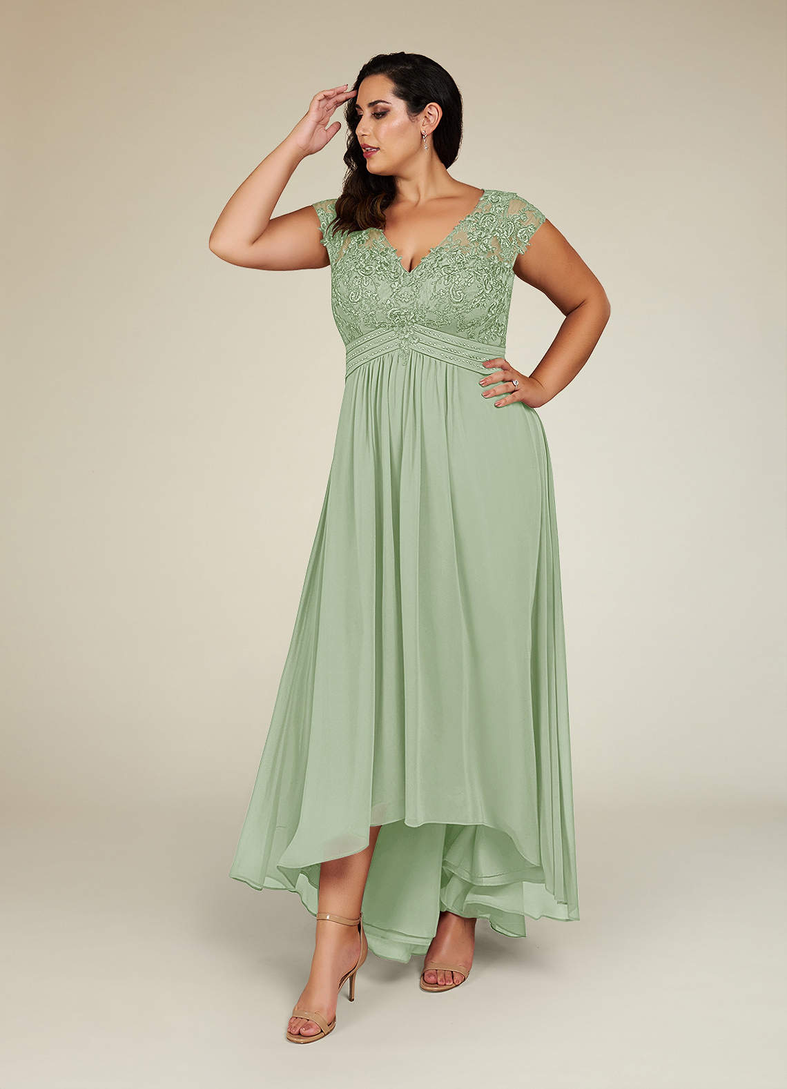 Azazie Irmeli Kleider für die Brautmutter A-Linie Spitze Chiffon Kleid Staubiger Salbeigrün image1
