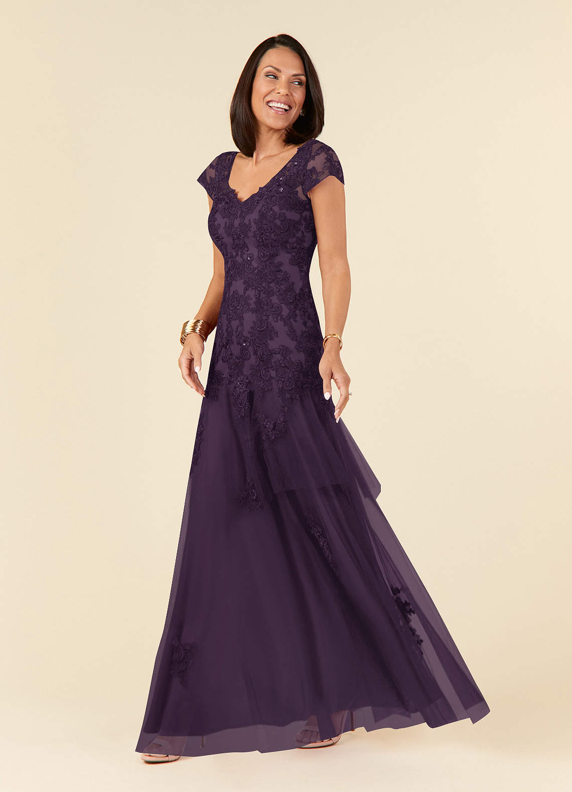 Azazie Romy Plum Mermaid V-Neck Sequins Tulle Dress Ready to Ship
