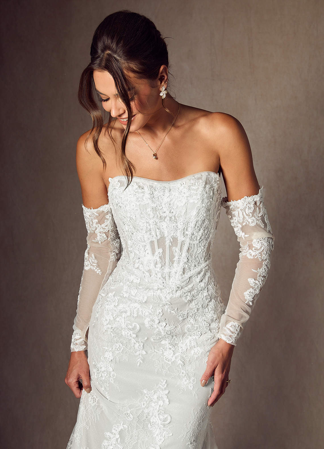 Azazie Caitlin Wedding Dresses Diamond White Mermaid Strapless Lace Dress image2