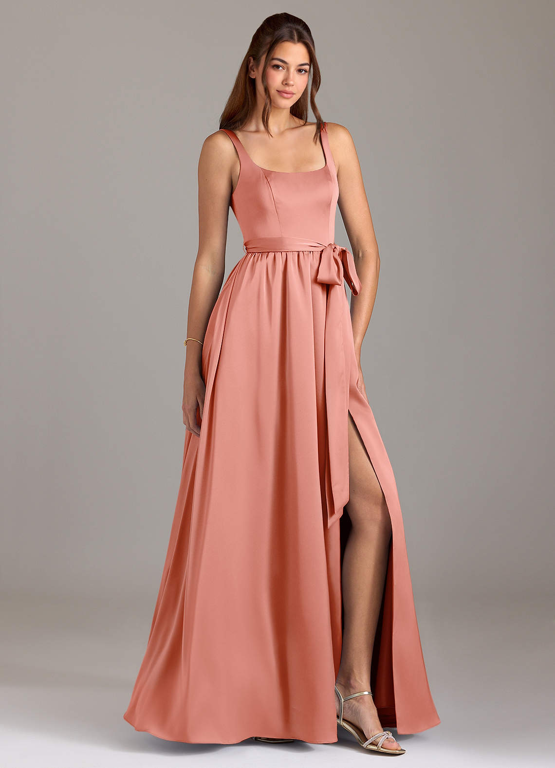 Azazie Elliott Bridesmaid Dresses Coral A-Line with Pockets Stretch Satin Dress image1
