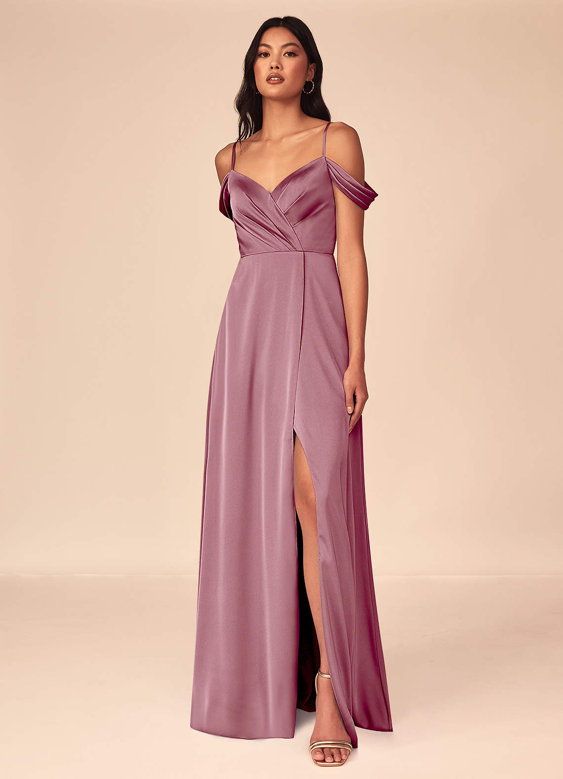 Azazie Ocean Bridesmaid Dresses Vintage Mauve A-Line V-Neck Pleated Stretch Satin Dress image1