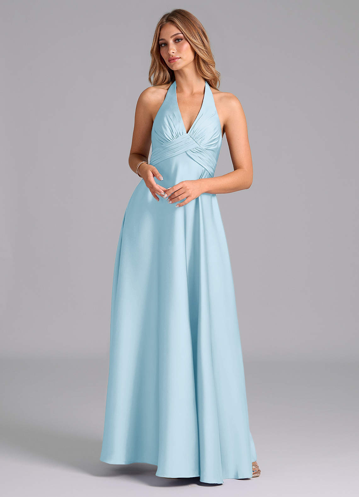 Azazie Tessie Bridesmaid Dresses Sky Blue A-Line Pleated Stretch Satin Dress image1