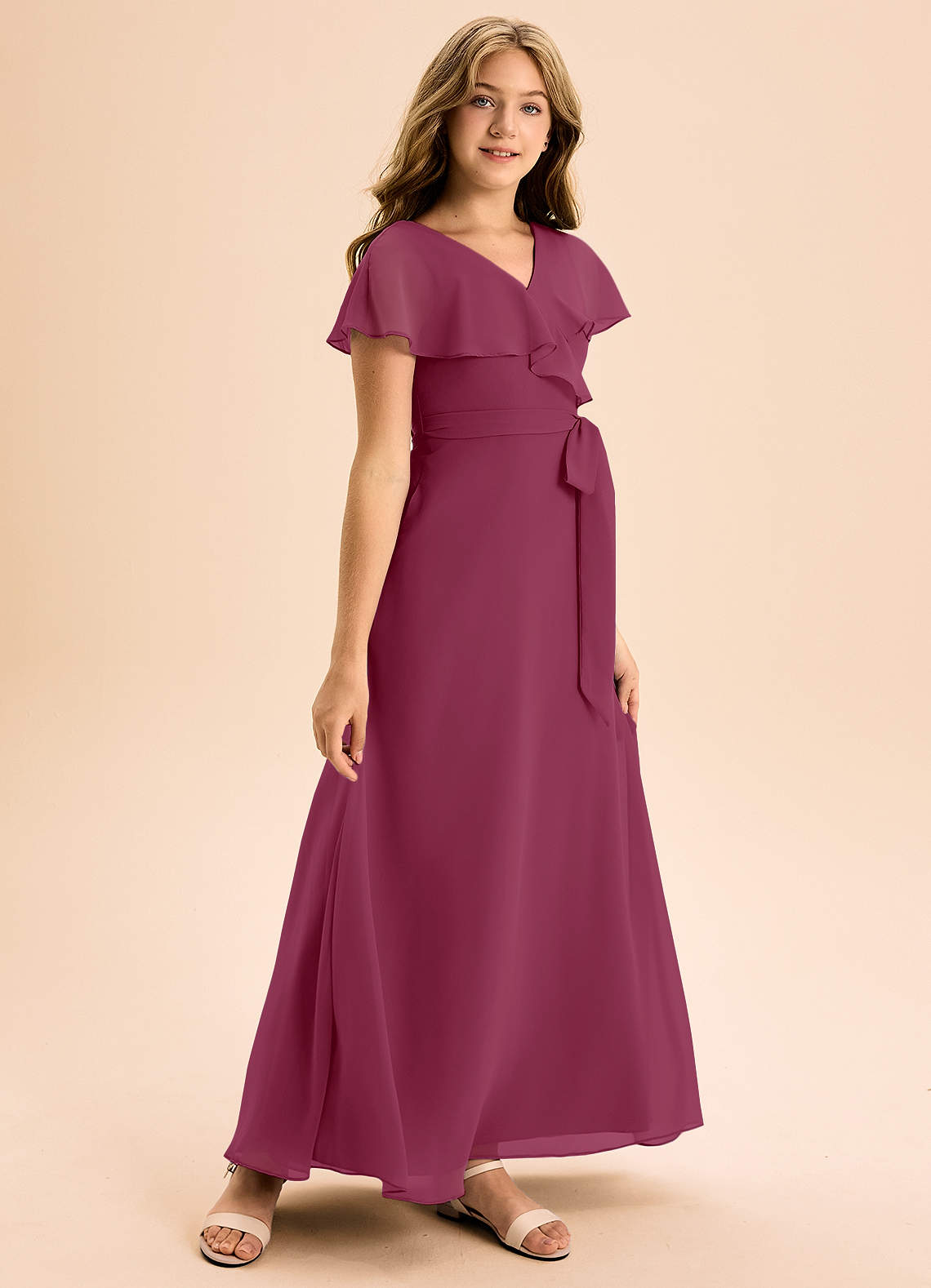 Azazie Lainey Junior Abito A-Line in Chiffon Con Tasche Gelso image1