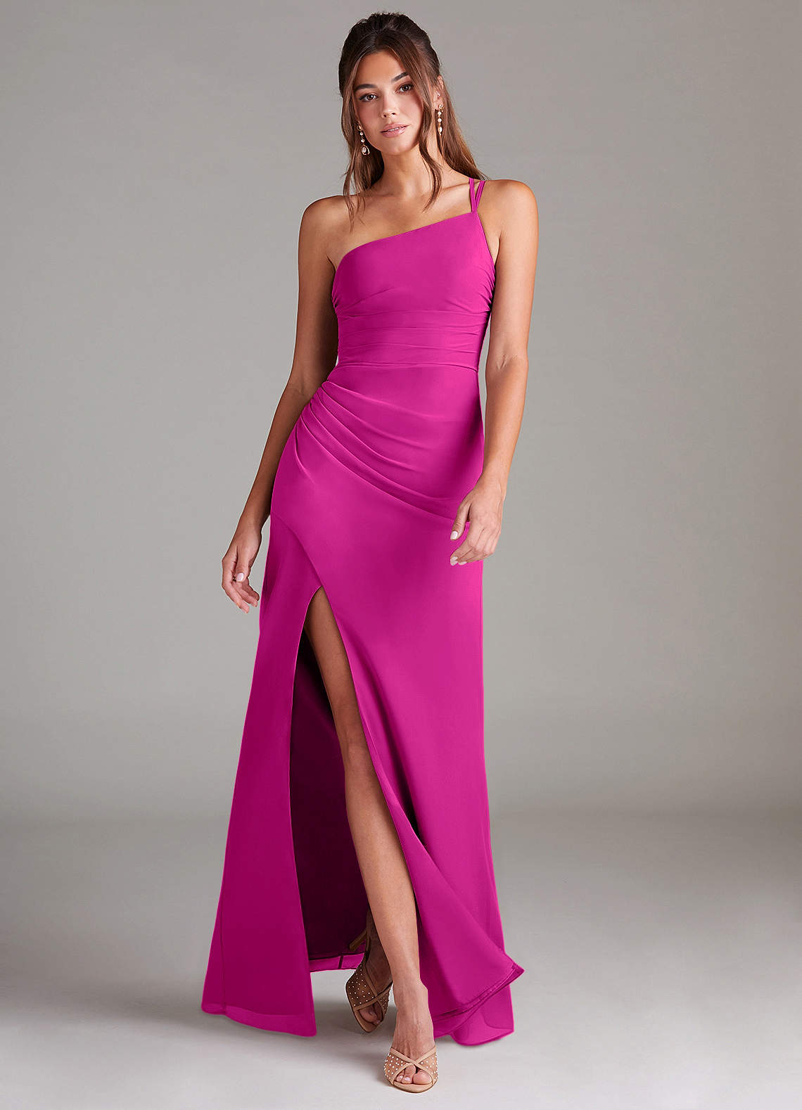 Azazie Sheath One-Shoulder Floor-Length Chiffon Bridesmaid Dresses - Fuchsia