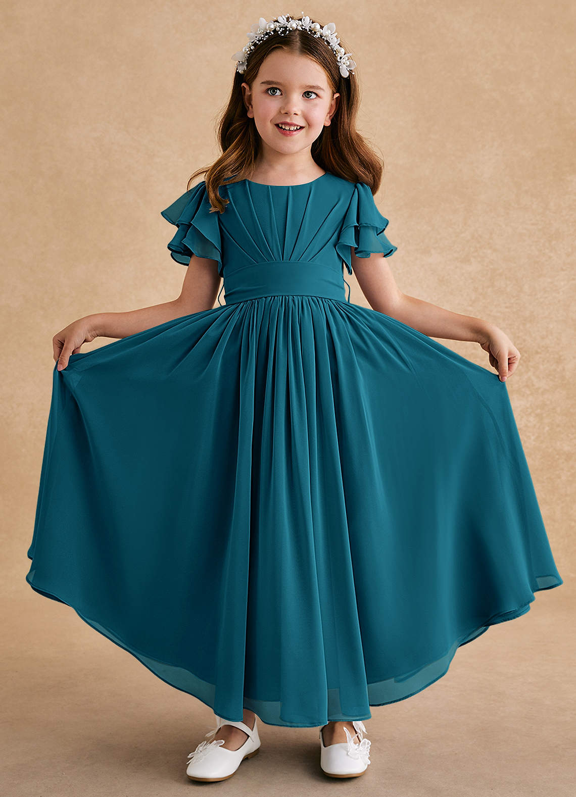 Azazie Ali Robe Demoiselle D'honneur Fillette Robe Trapèze en Mousseline de soie Plissée Bleu Encre image1