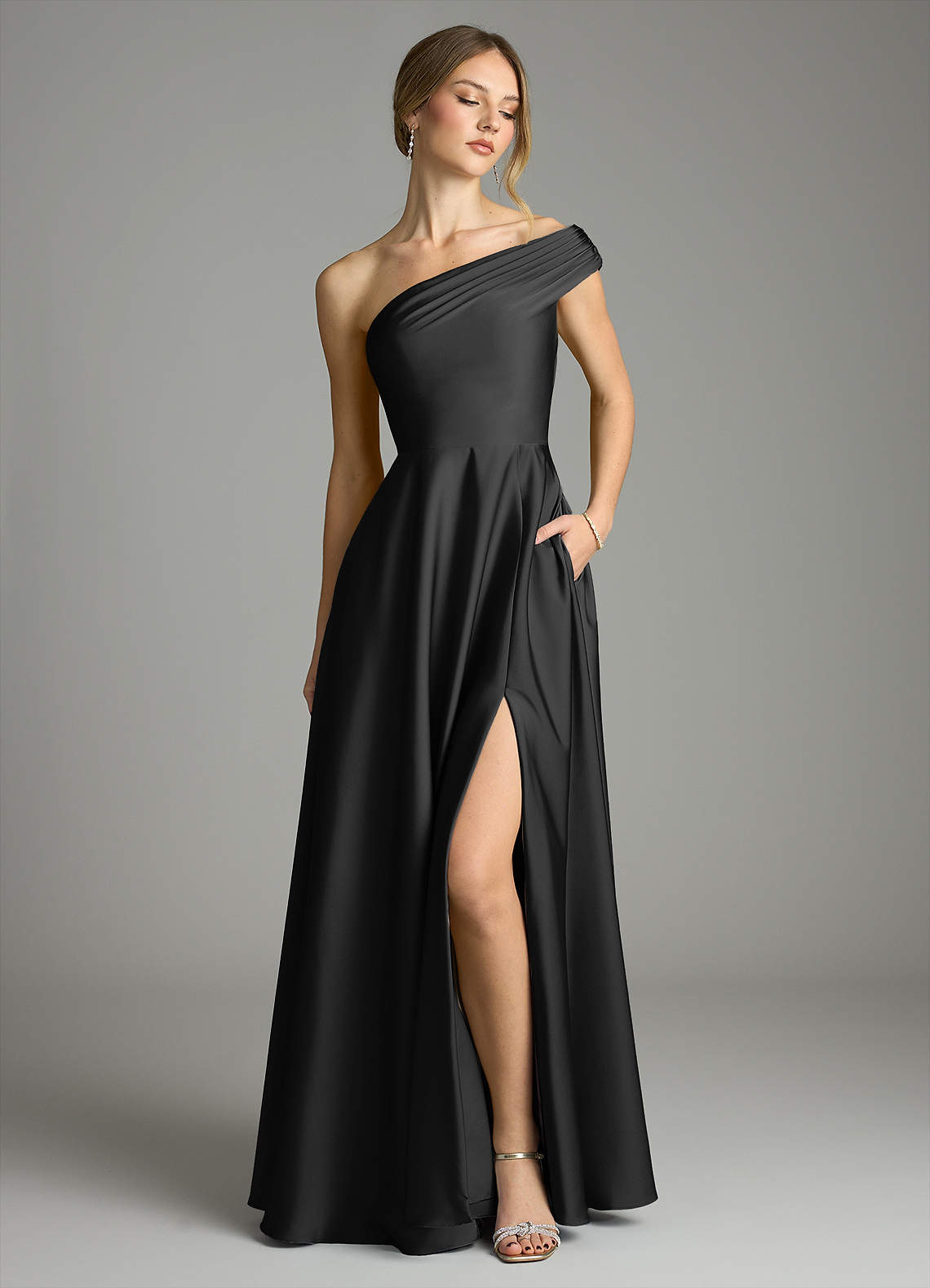 Azazie Melanie Bridesmaid Dresses Black A-Line Off the Shoulder Stretch Satin Dress image1