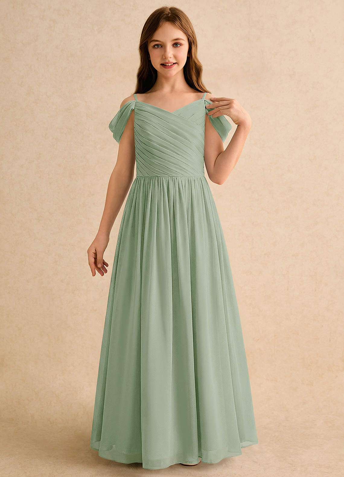 Azazie Chelo Girls Formal Flower Girl Dresses Dusty Sage A-Line Pleated Chiffon Dress image4