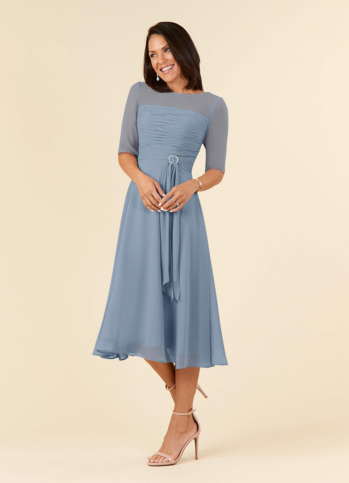 Azazie Naomi Mother of the Bride Dresses Dusty Blue A-Line Boatneck Pleated Chiffon Dress image2