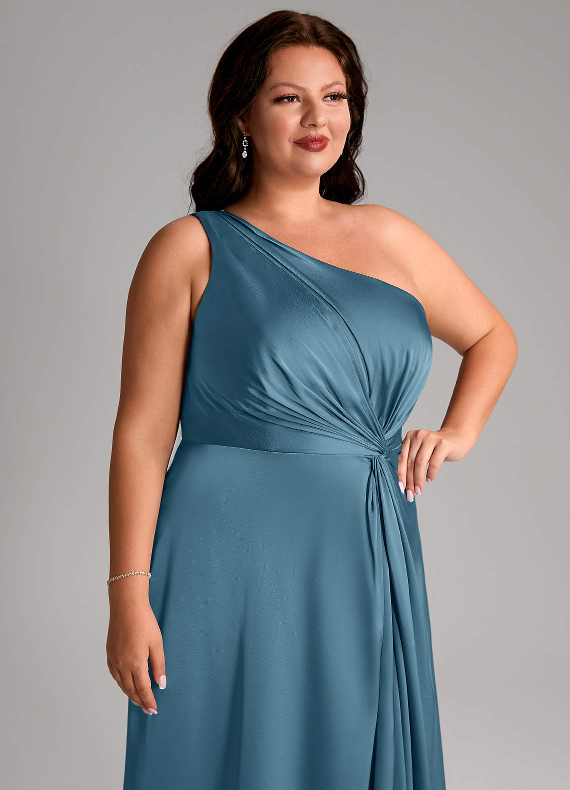 Azazie Brooke Bridesmaid Dresses Bermuda A-Line One Shoulder Stretch Satin Dress image12