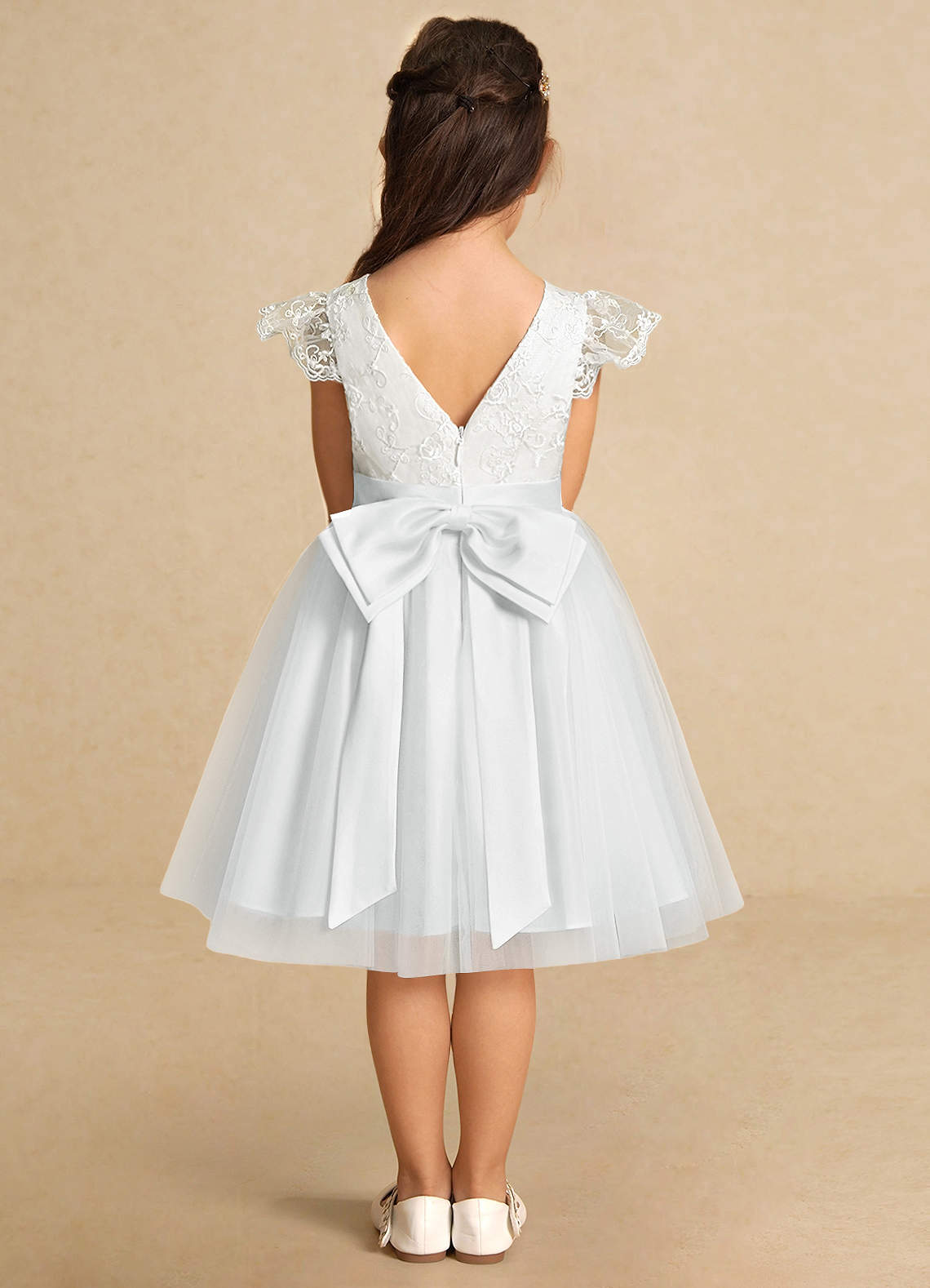 Azazie Vetty Flower Girl Dresses Diamond White A-Line Lace Tulle Dress image6