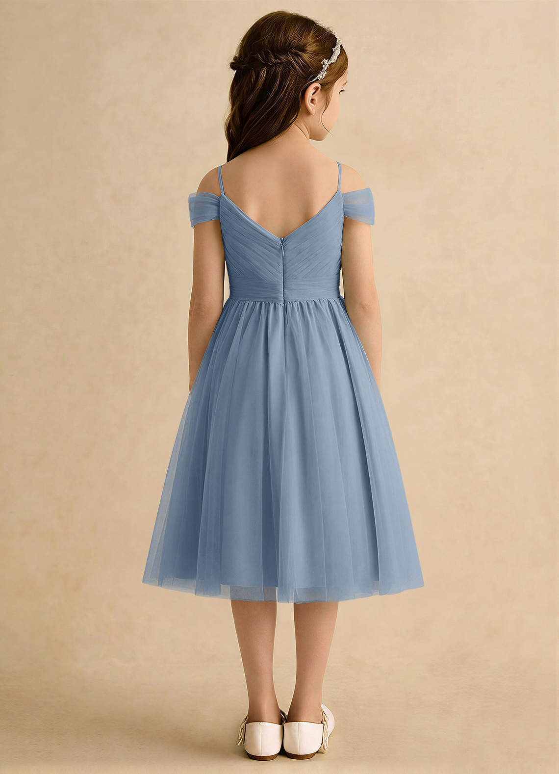 Azazie Lila Girls Formal Blomsterpigekjoler A-Line Off the shoulder Tulle Knælængde Kjole image1