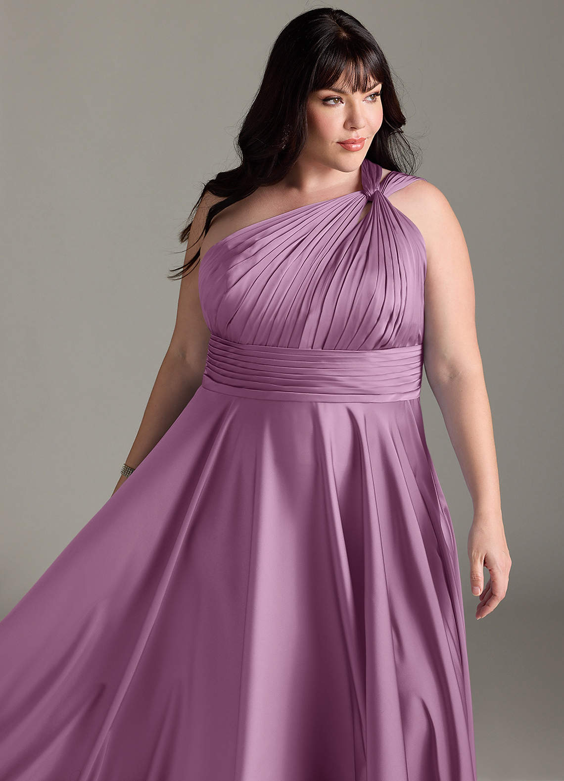 Azazie Charlize Bridesmaid Dresses Wisteria A-Line One Shoulder Stretch Satin Dress image14