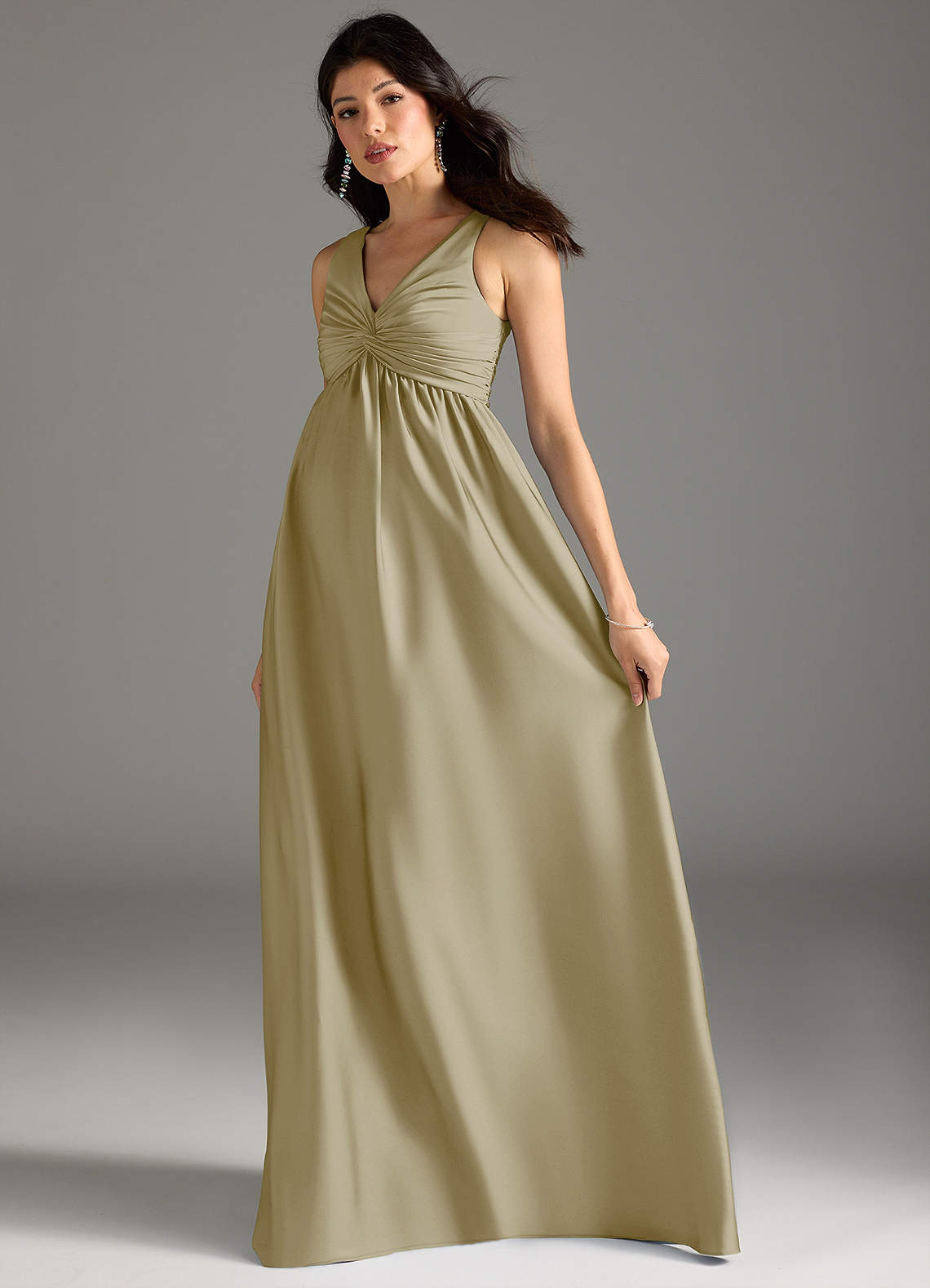 Azazie A-Line/Princess V-Neck Floor-Length Stretch Satin Maternity Bridesmaid Dresses - Moss Green
