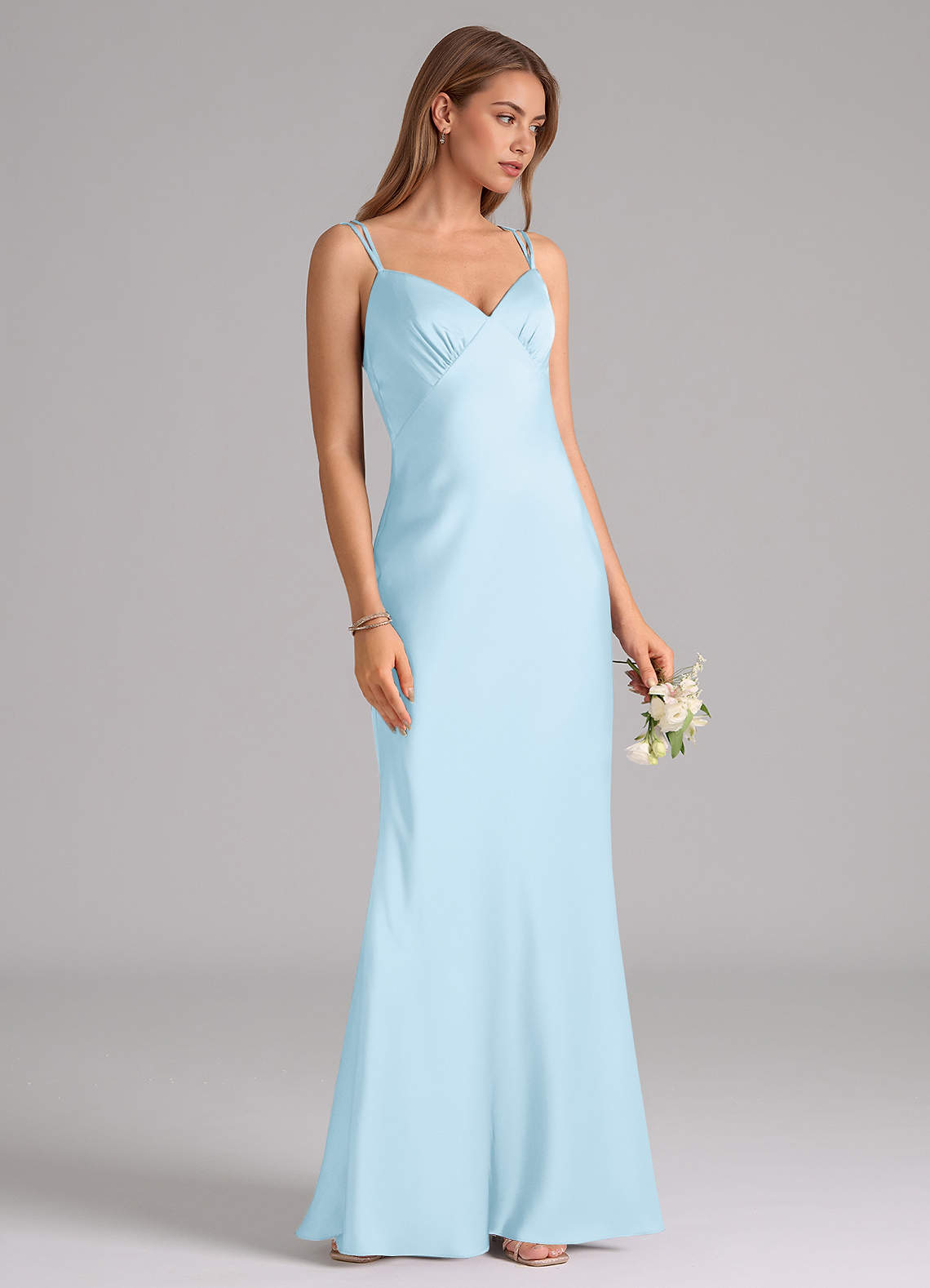 Azazie Suttona Brudtärnklänningar Klä av A-Linje i Stretch Satin Plisserad Himmelsblå image1