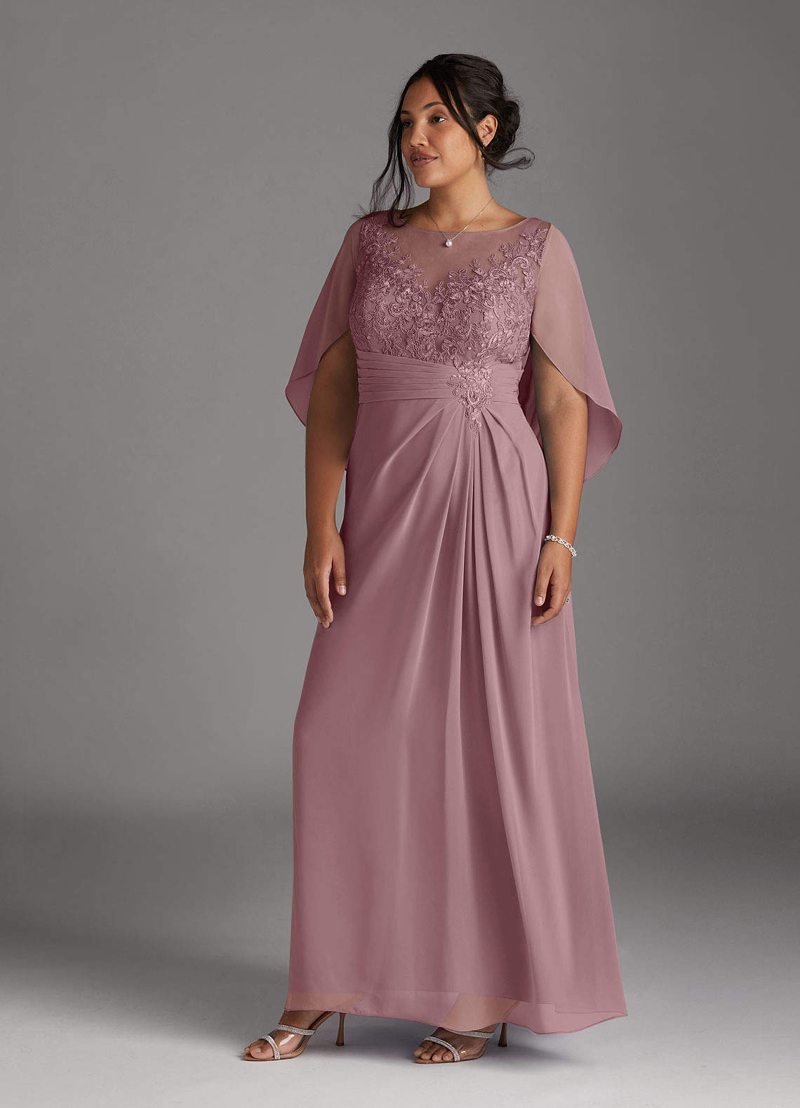 Azazie Hera Mother of the Bride Dresses Dusty Rose A-Line Lace Capelet Chiffon Dress image8