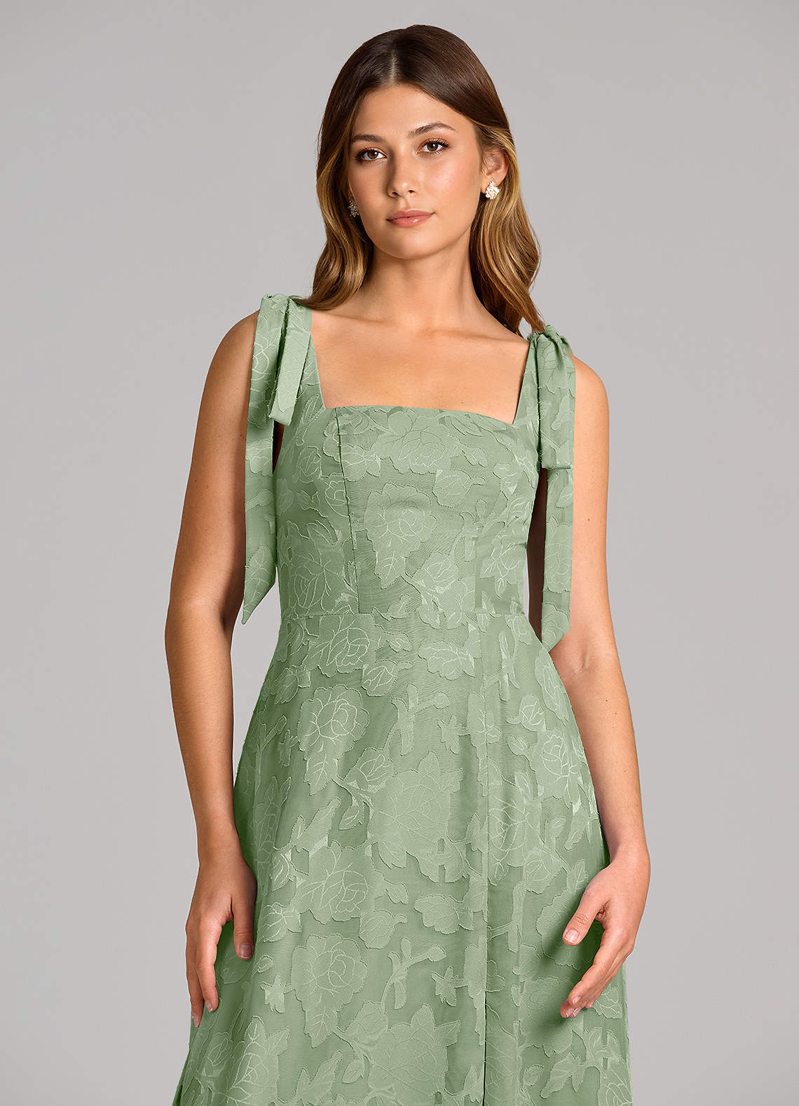 Azazie Debra Bridesmaid Dresses Dusty Sage A-Line with Pockets Floral Burnout Dress image1