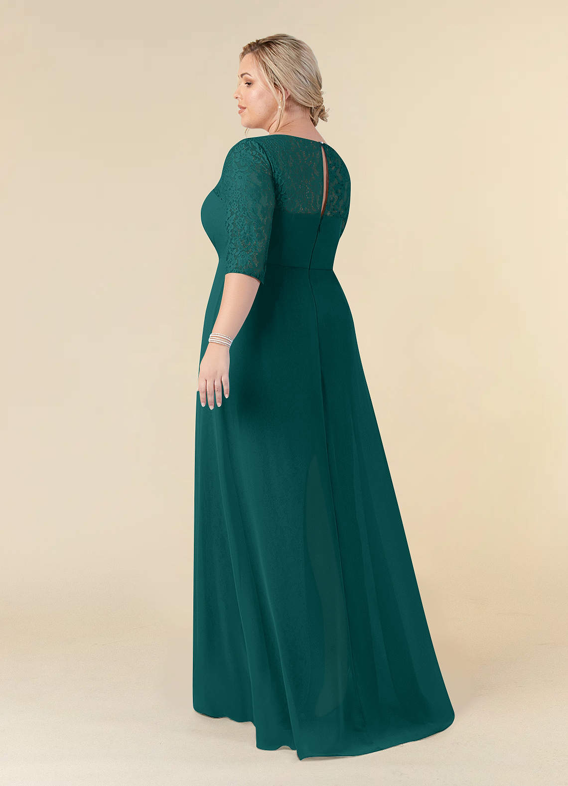Illusion Warp Neck Lace and Chiffon Long Dress Peacock