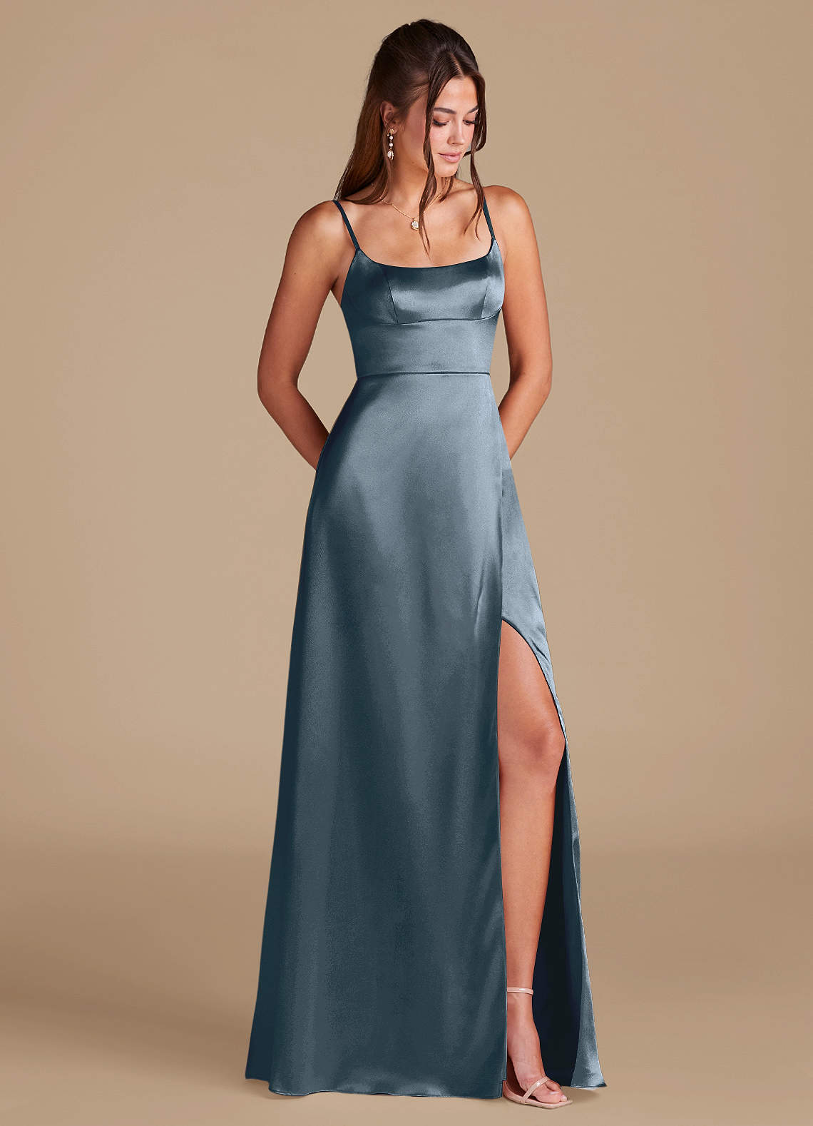 Azazie Halsey Bridesmaid Dresses Twilight A-Line Side Slit Metallic Satin Dress image1