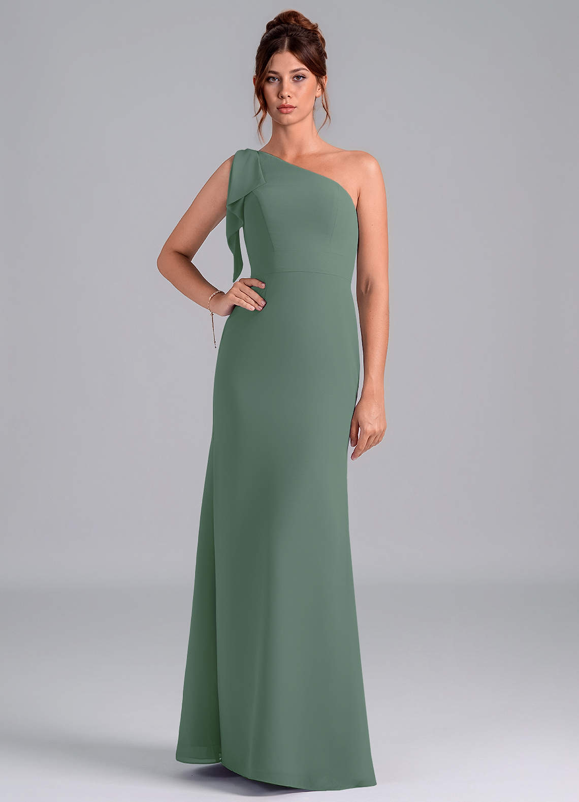 Azazie Rinna Bridesmaid Dresses Eucalyptus Mermaid One Shoulder Chiffon Dress image1