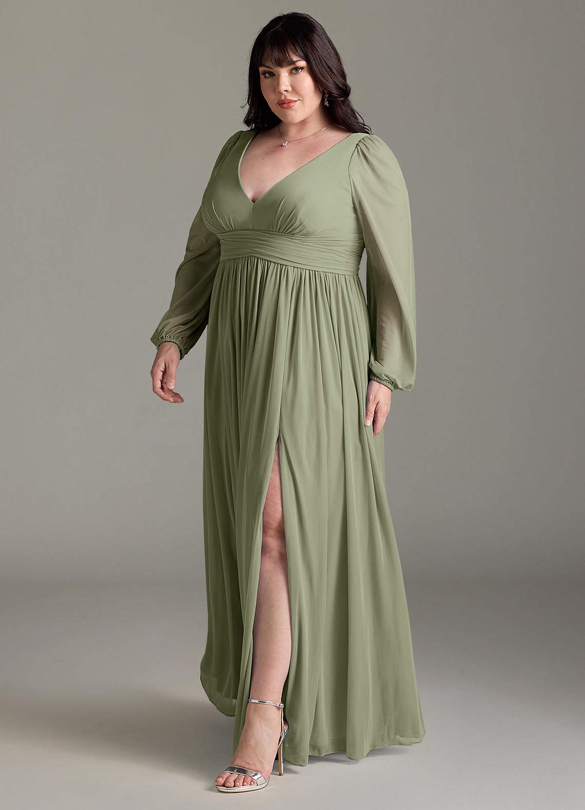 Azazie Norah Vestidos de madrinha de casamento Vestido Pistache de Chiffon de Linha A com Manga comprida image10