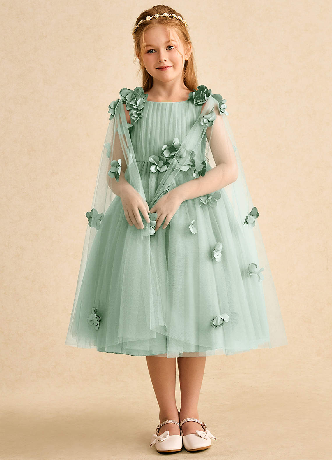 Azazie Staria Blumenmädchenkleider Ballkleid Gestreift Tüll Kleid Agave image2