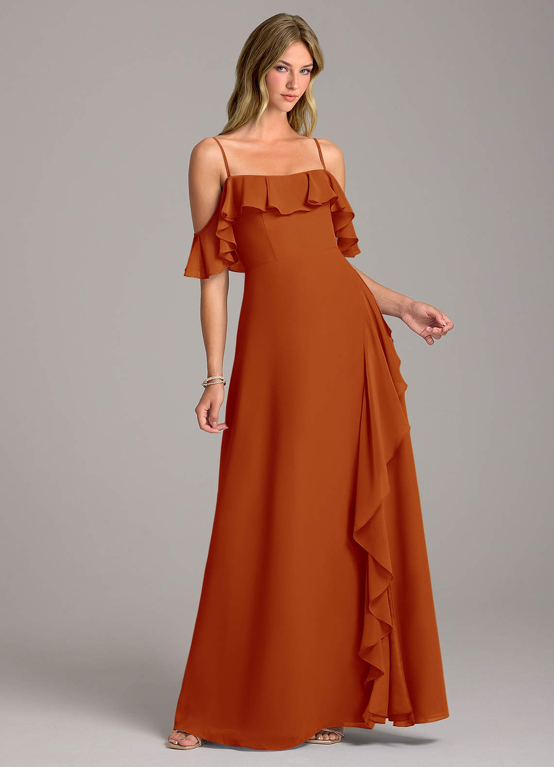 Azazie Aubrie Brautjungfernkleider A-Linie Schulterfrei Chiffon Kleid Paprika image1