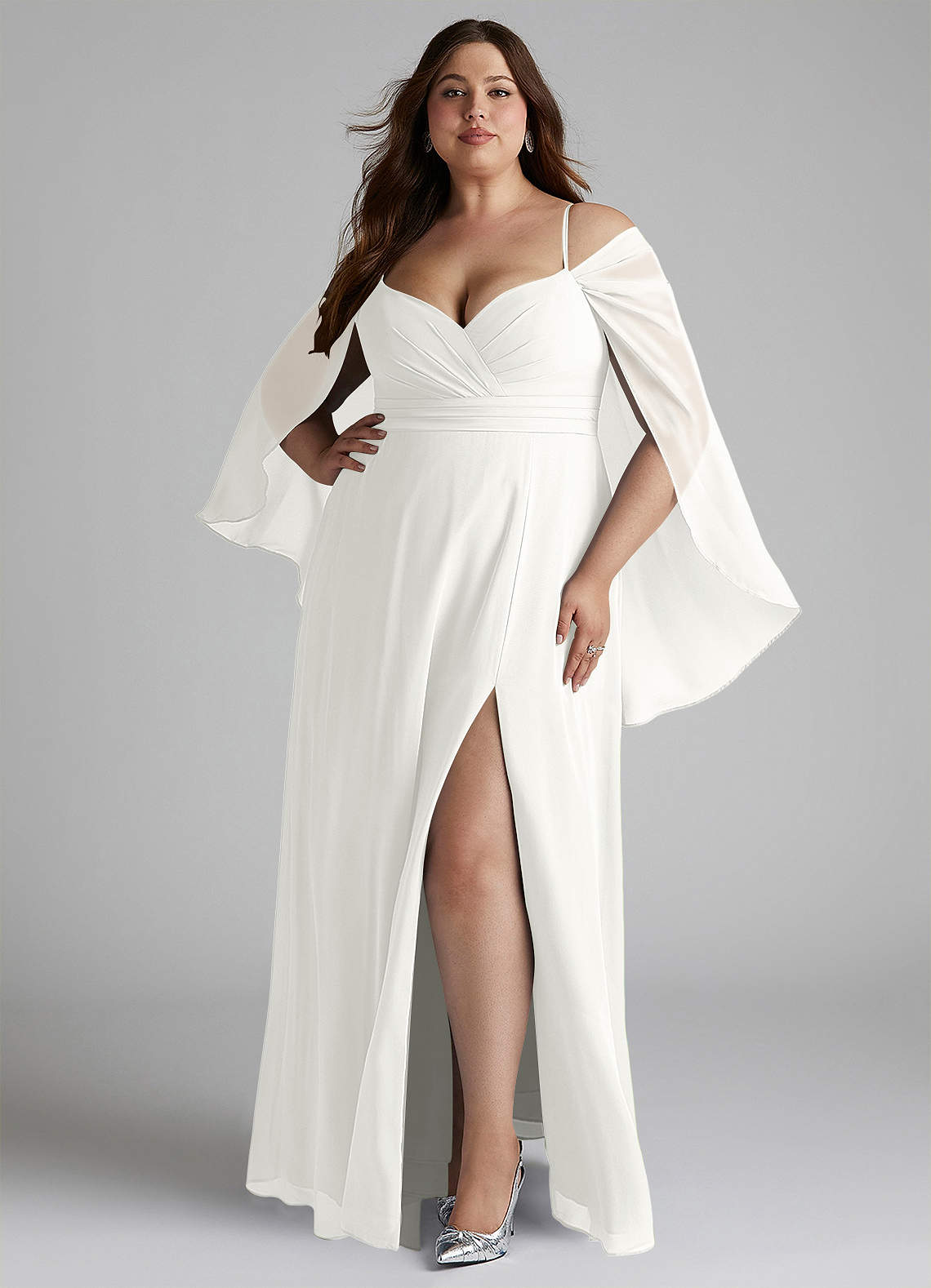 Azazie Cienna Brautjungfernkleider A-Linie Langarm Chiffon Kleid Weiß image1