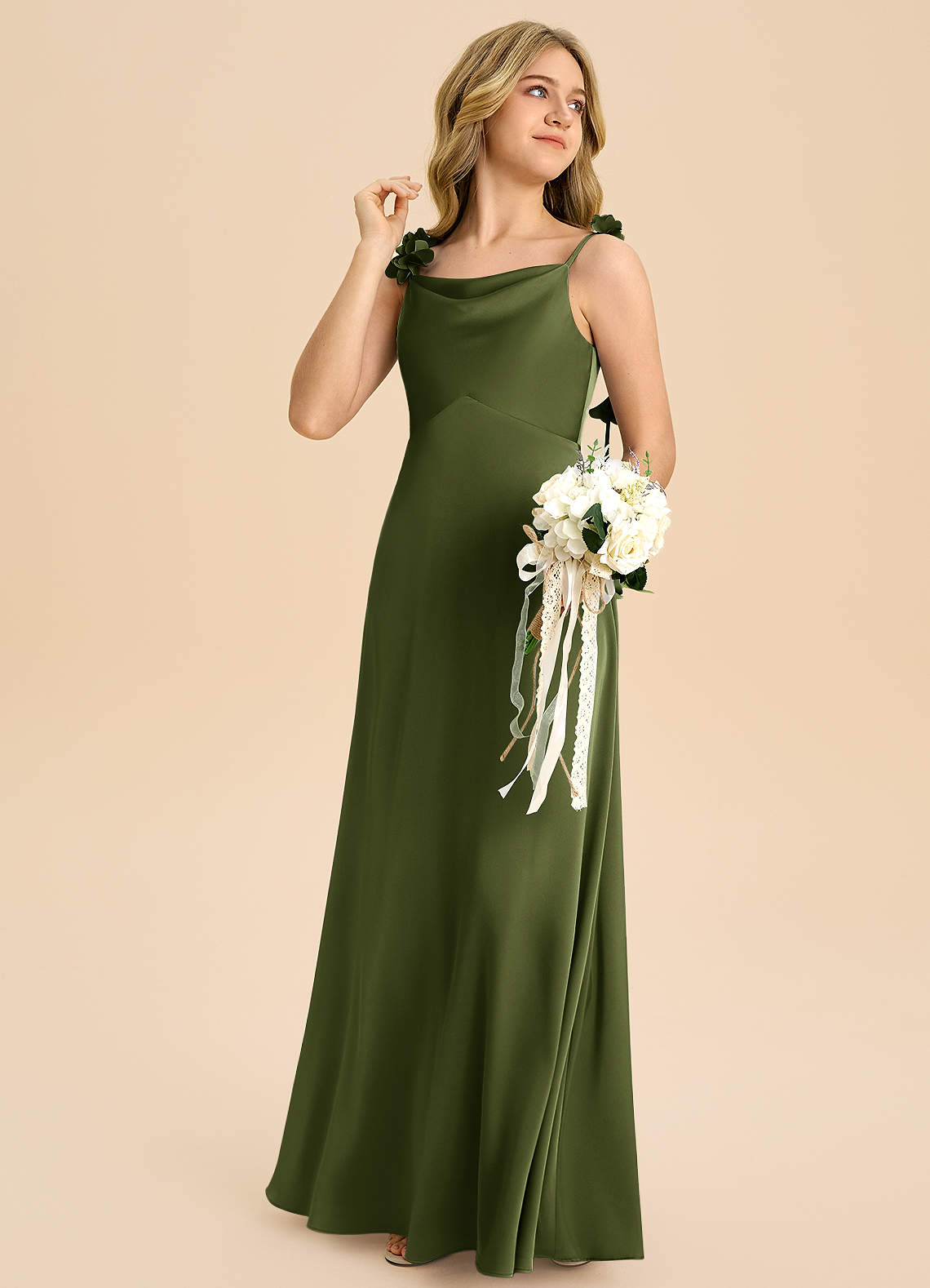 Azazie Gumdrop Junior Olive Empire Pleated Stretch Satin Dress image3