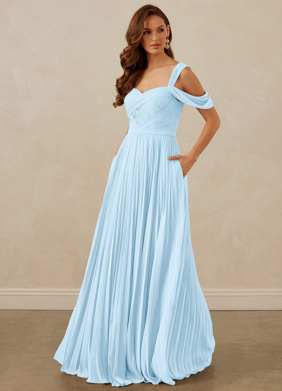 Christian Siriano Bridal for Azazie 1013 Bridesmaid Dresses Sky Blue A-Line Off the Shoulder Chiffon Dress image1