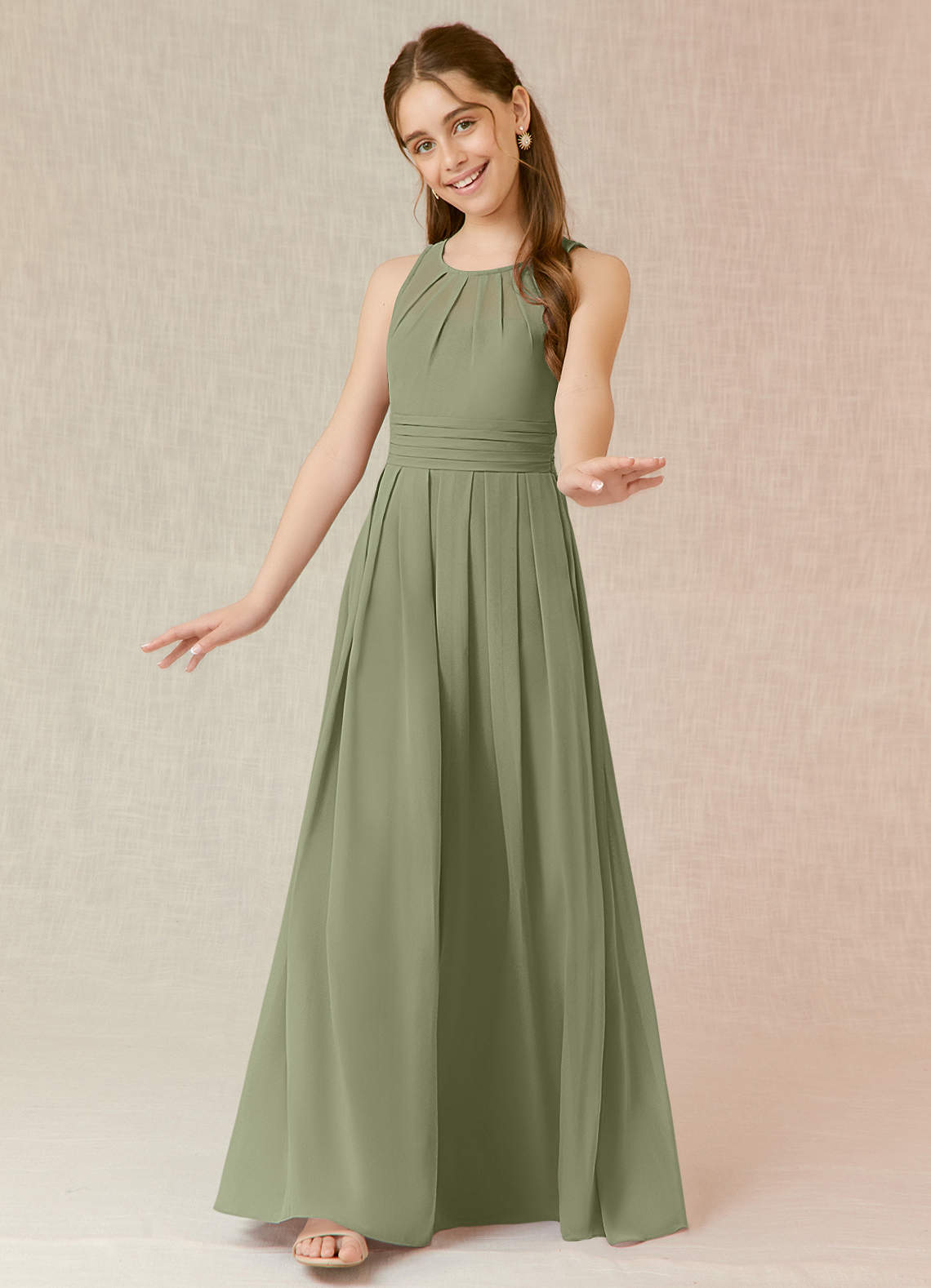 Azazie Bibiane Junior Pistachio A-Line Pleated Chiffon Dress image3
