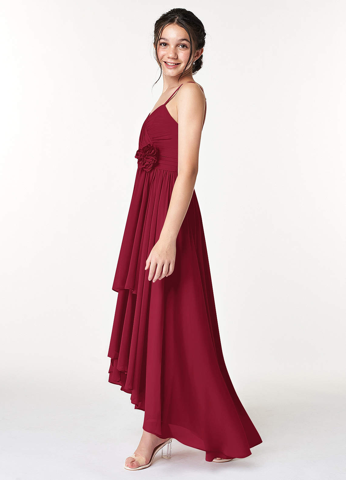 Azazie Catalina Junior Burgundy A-Line Ruched Chiffon Dress image4