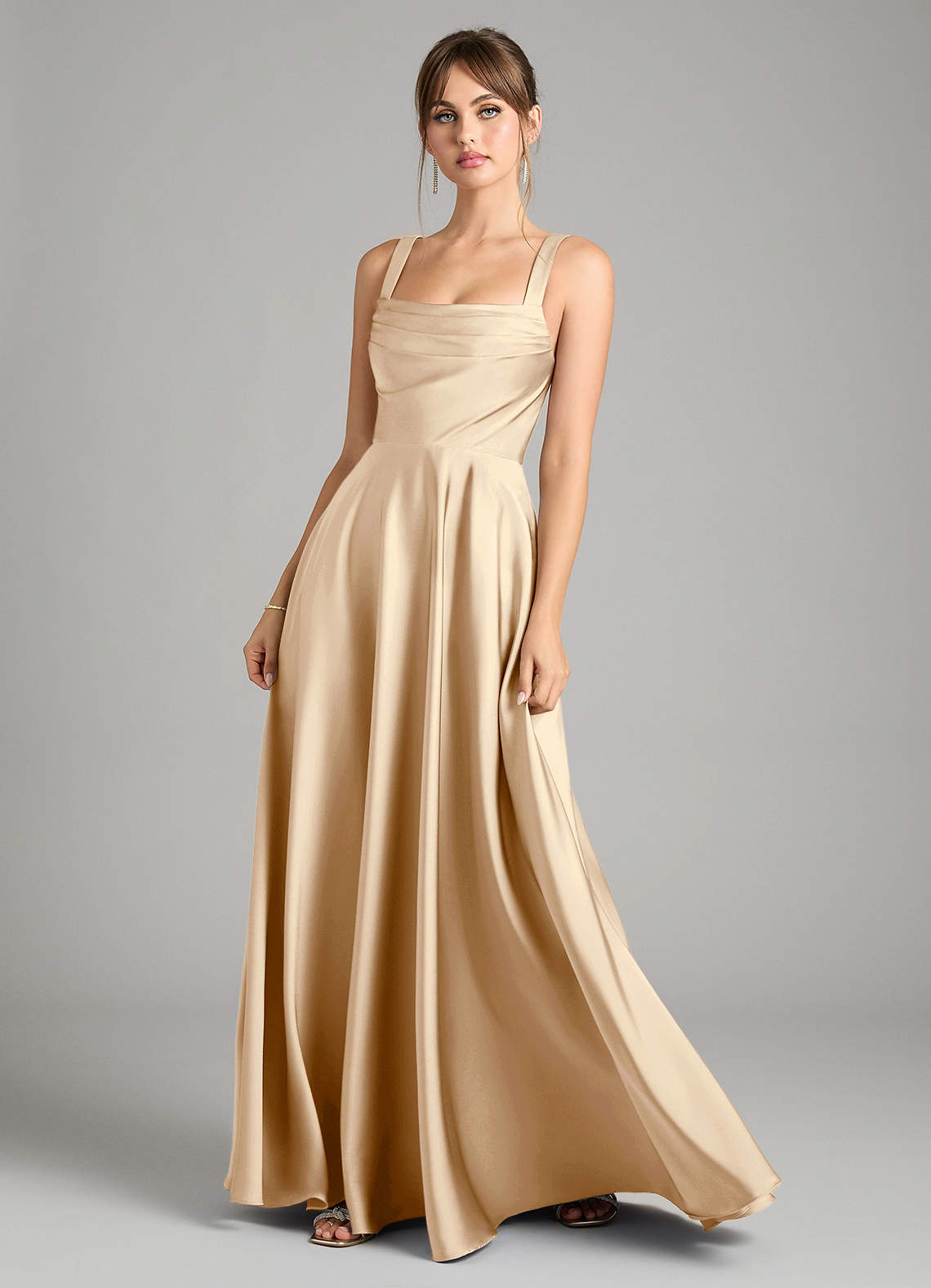 Azazie Shaude Bridesmaid Dresses Champagne A-Line Pleated Stretch Satin Dress image1