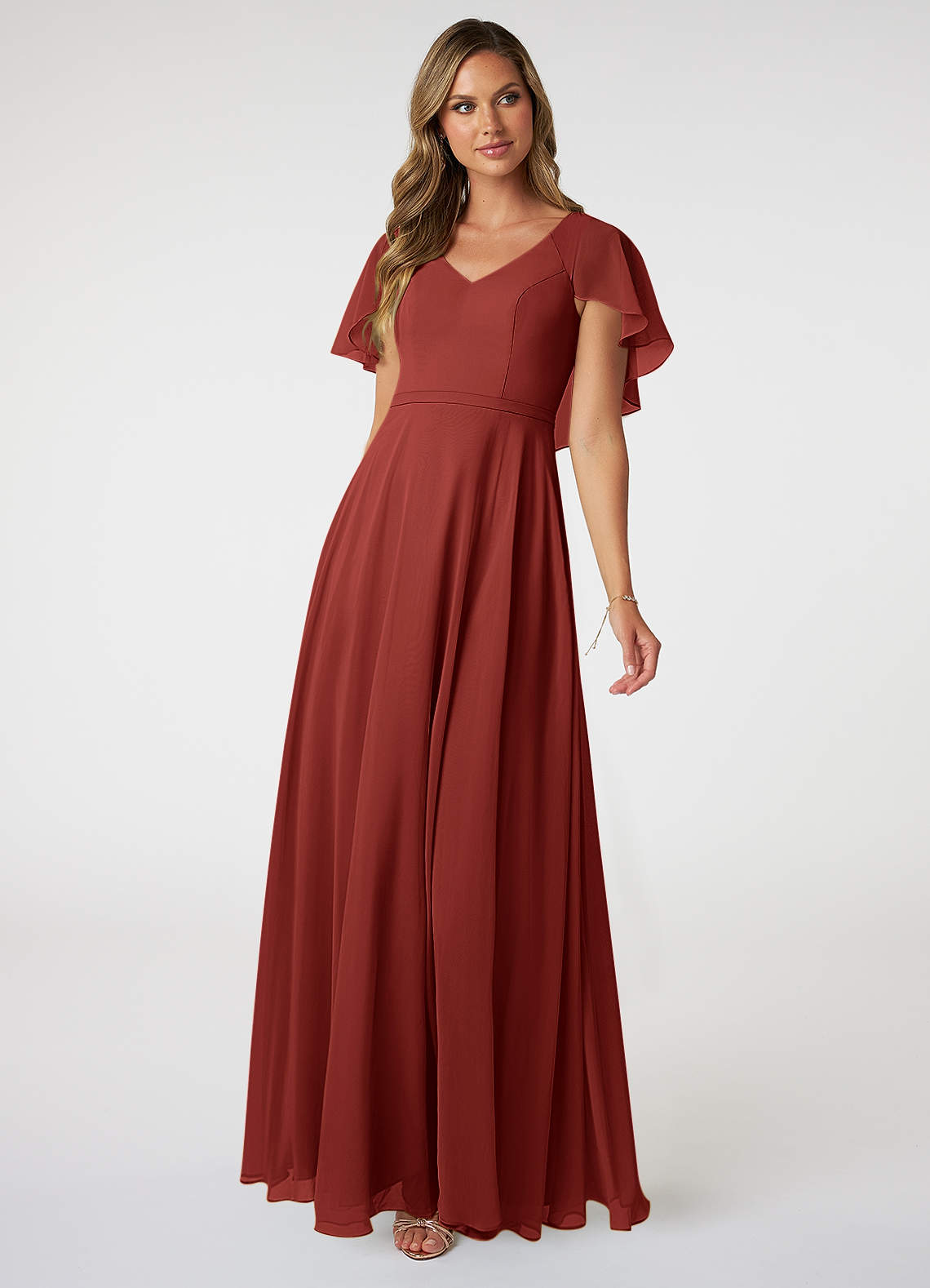 Azazie Jamie Bridesmaid Dresses Terracotta A-Line Chiffon Dress image1