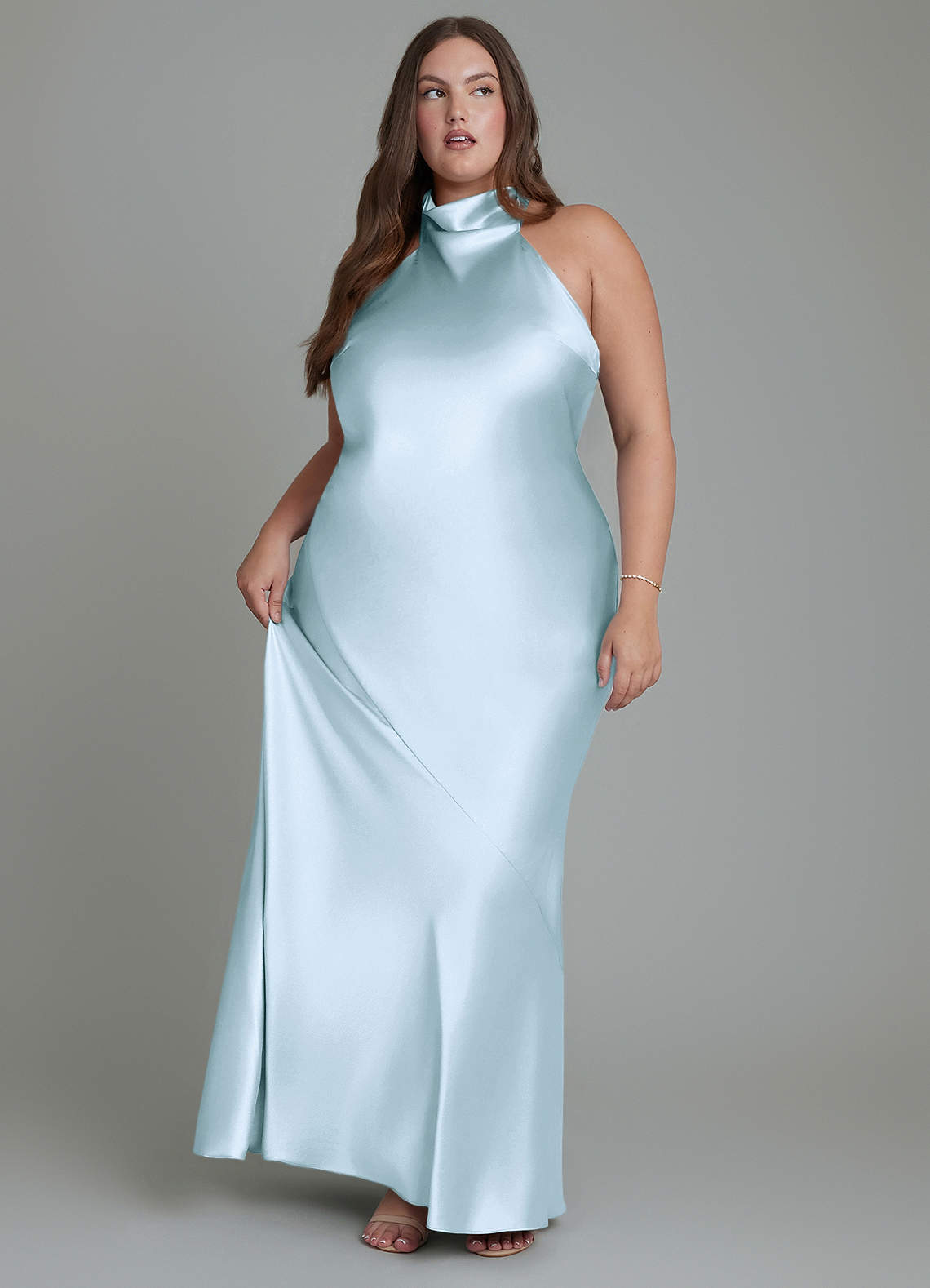 Azazie Velli At-home Try On Dresses Sky Blue Sheath High Neck Metallic Satin Dress image10