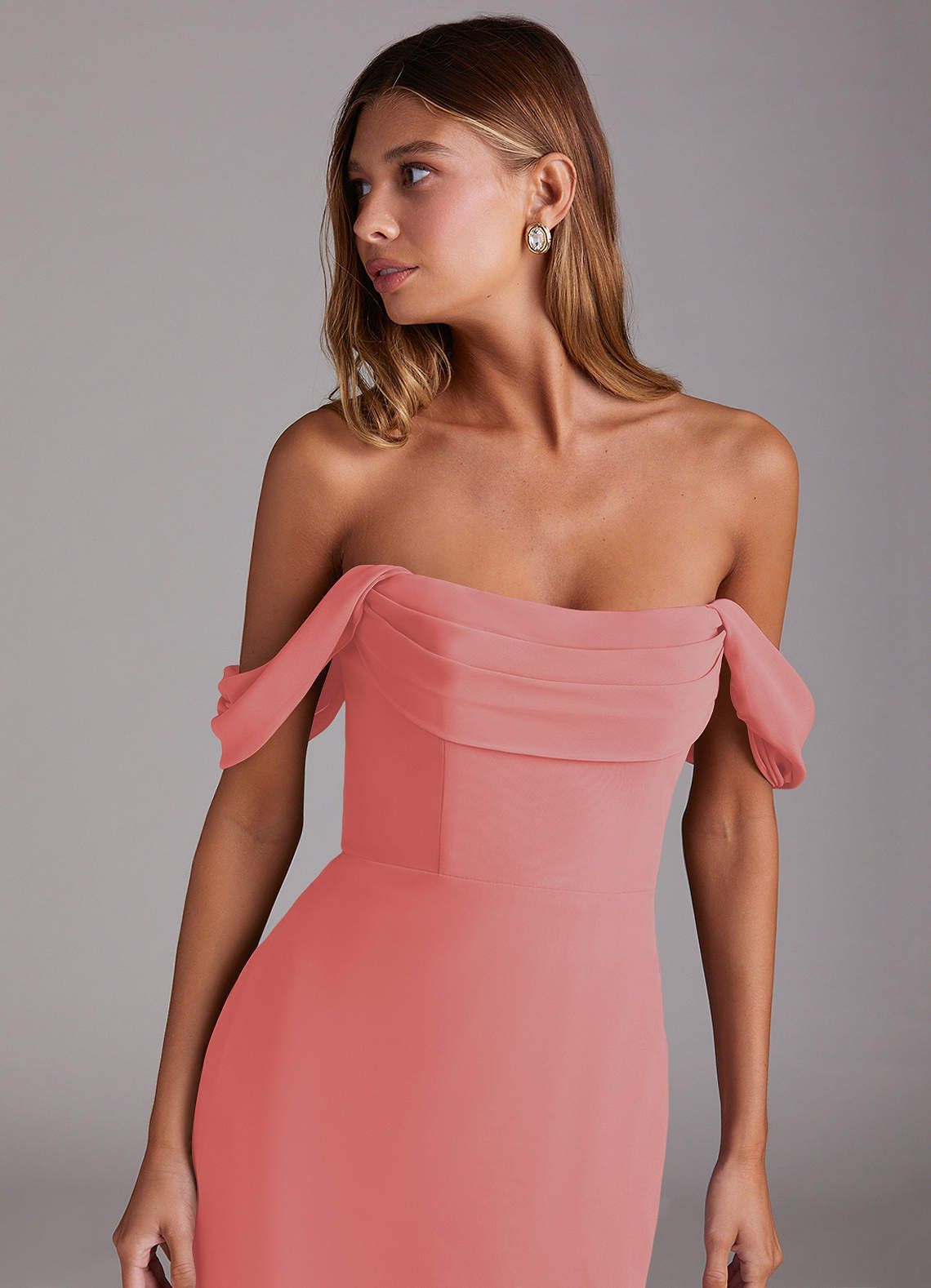 Azazie Saige Bridesmaid Dresses Coral A-Line Off the Shoulder Chiffon Convertible Dress image4