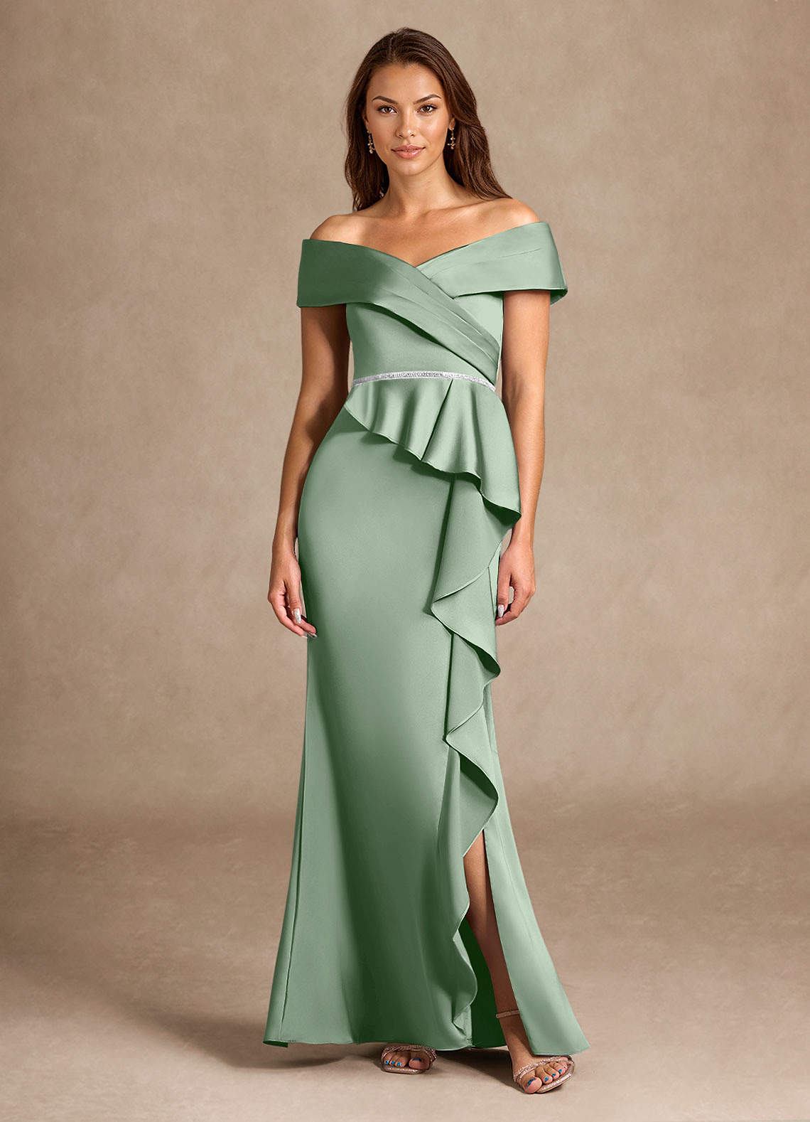 Azazie Dareia vestidos de madre de la novia Vestido de Matcha de Satén Elástico de Sirena con Vestidos sin tirantes image1