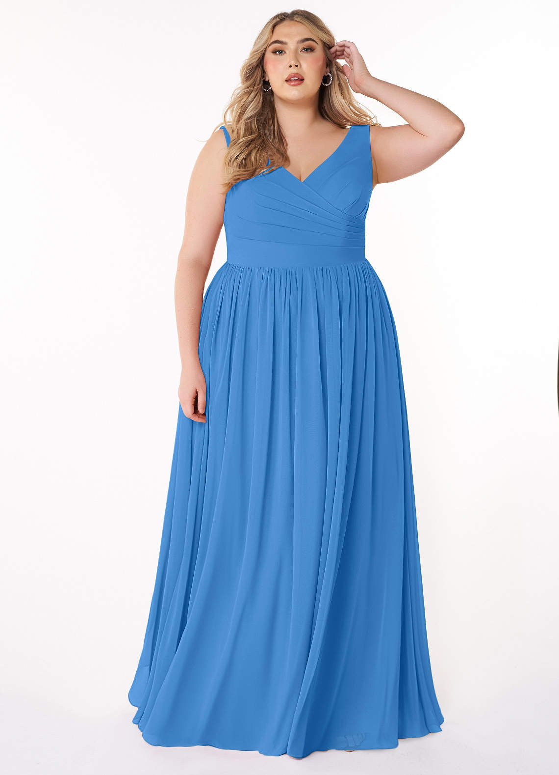 Azazie Keyla Vestidos de damas de honor Vestido de Azul Grisaceo de Gasa de Corte en A con Cuello en V Plisado image1
