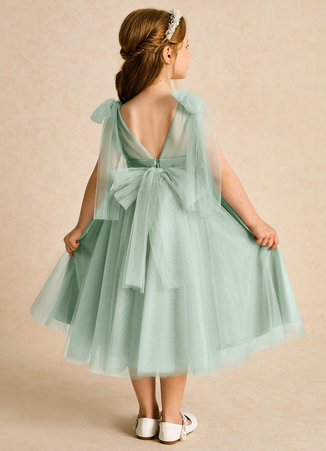 Azazie Dori Flower Girl Dresses Agave A-Line Ruched Tulle Dress image1