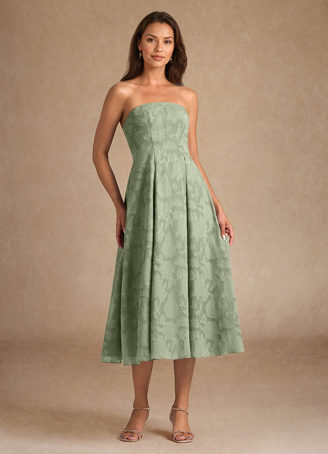 Azazie Lorain Agave A-Line Pleated Floral Burnout Dress Ready to