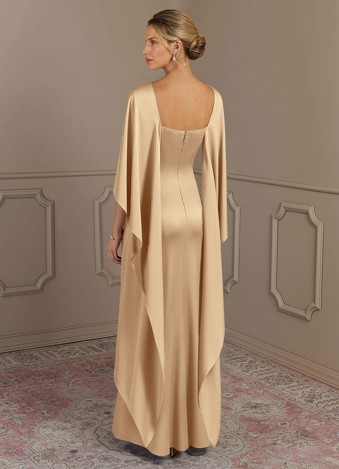 Azazie Eli Mother of the Bride Dresses Champagne Sheath Boatneck Stretch Satin Dress image1