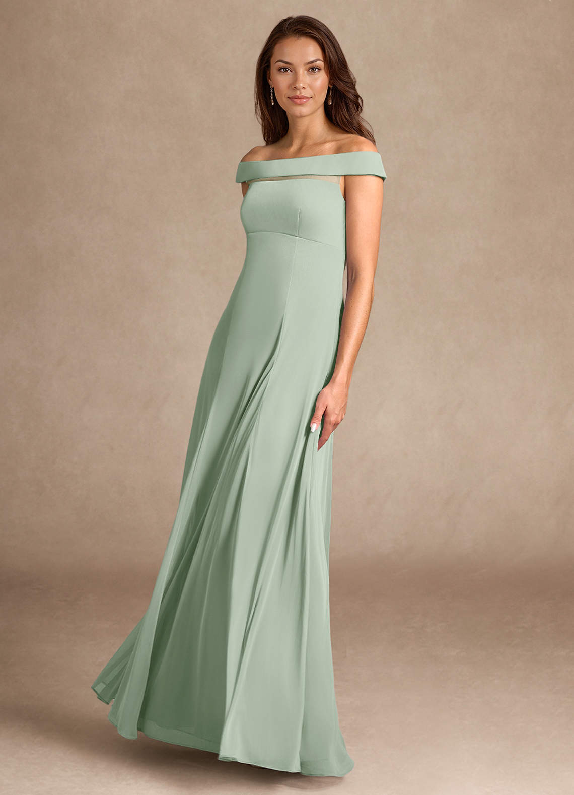 Azazie Ewa Mother of the Bride Dresses Dusty Sage A-Line Off the Shoulder Mesh Dress image3