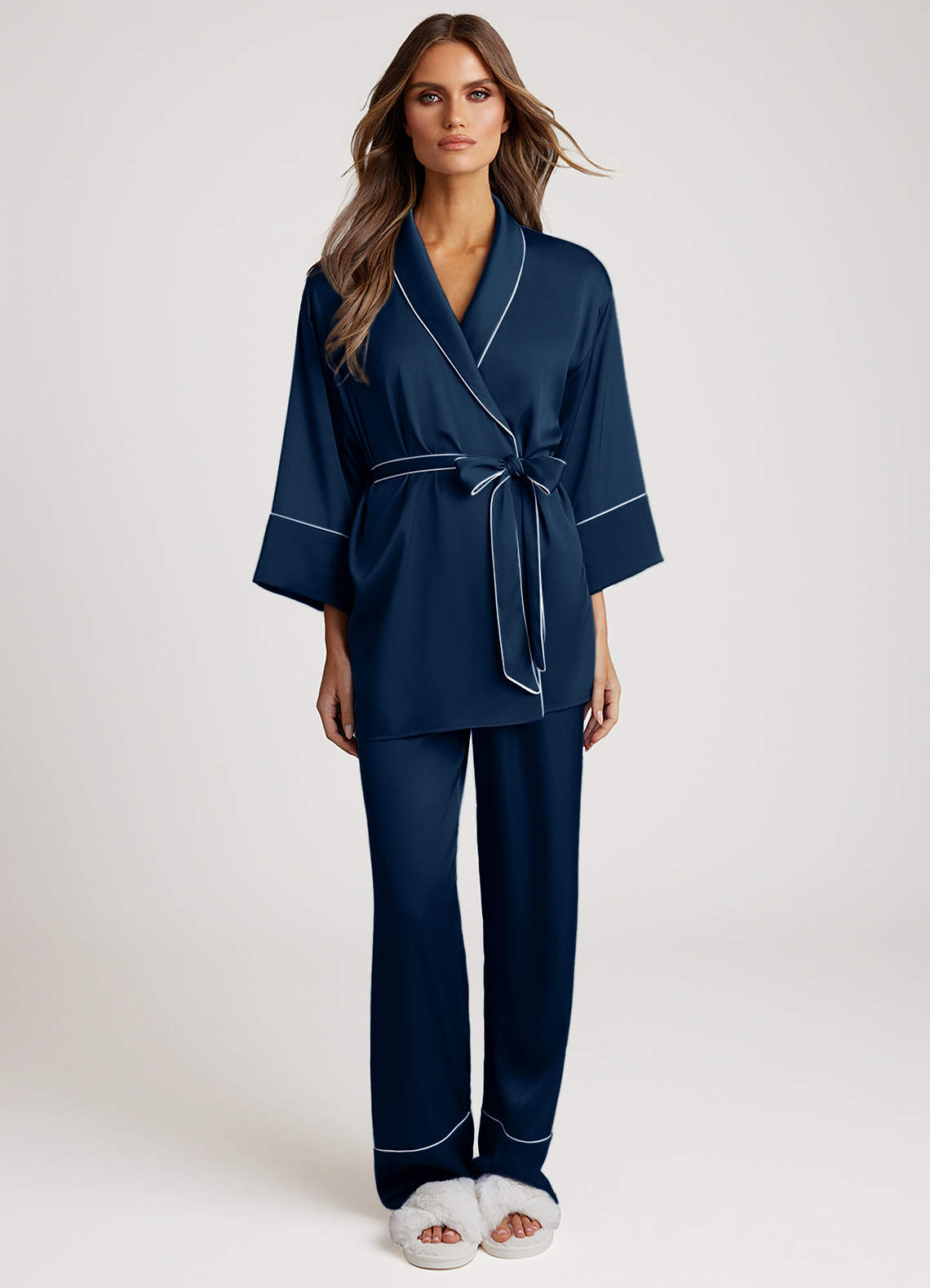 Azazie Dark Navy Getting Ready Satin Pajamas Size Large