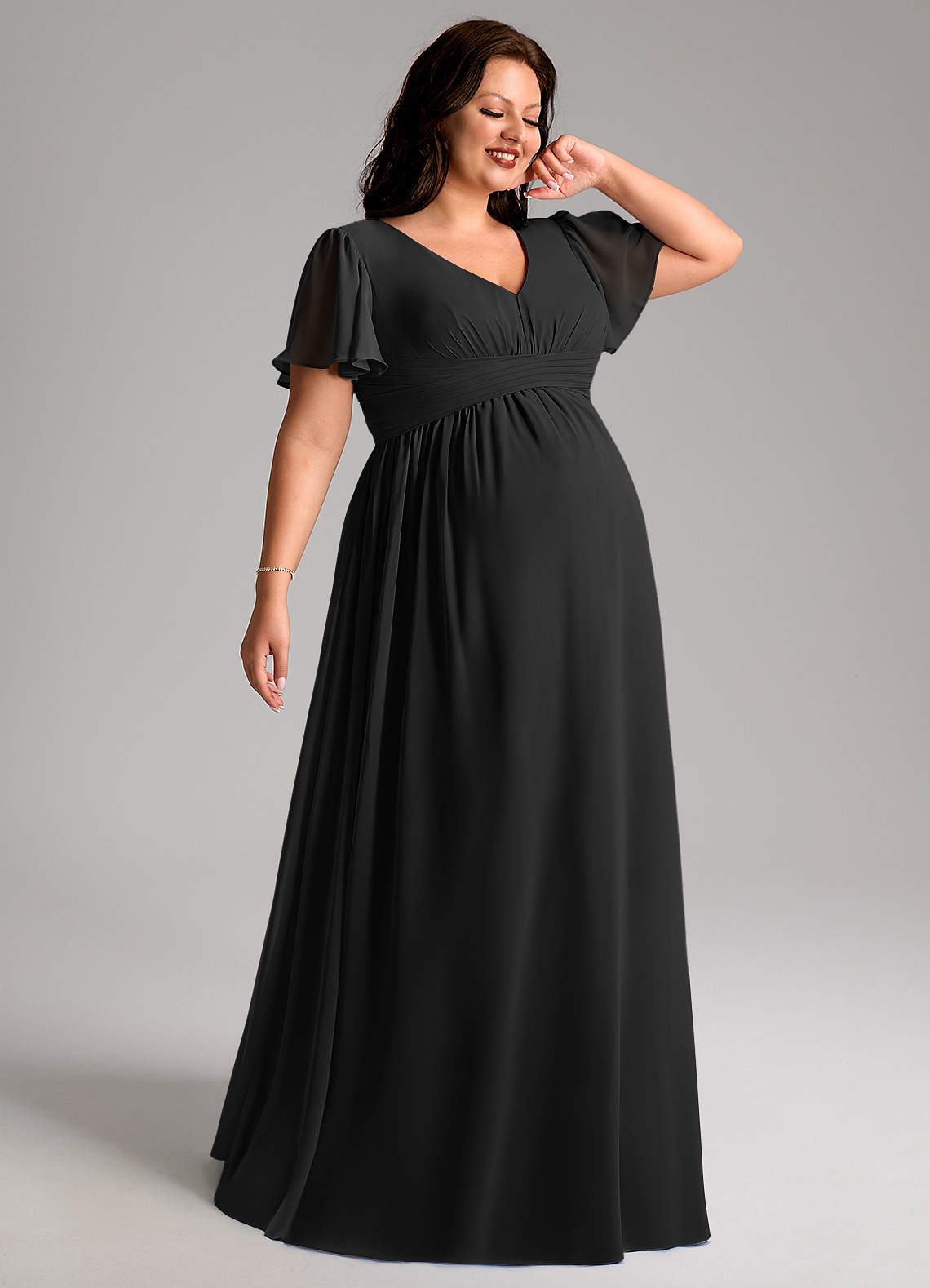 Azazie Verna Vestidos de dama de honra para maternidade Vestido Linha A Ruched Comprimento do chão Chiffon image6